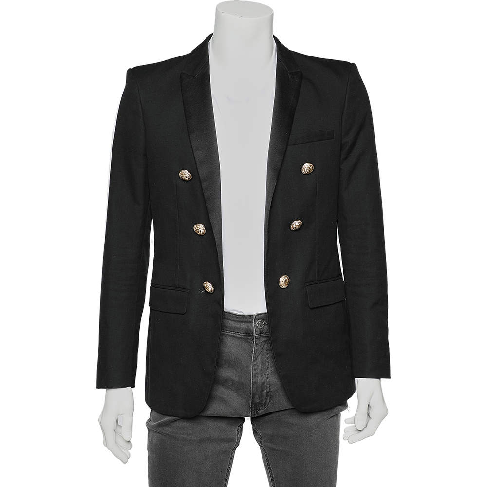 Pre Owned Balmain Black Cotton Button Detailed Open-Front Blazer M