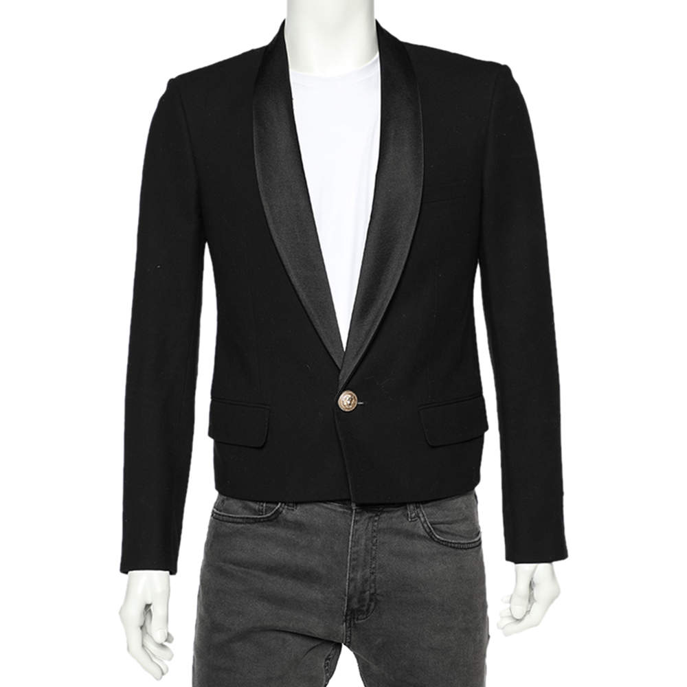 Balmain Black Cotton & Silk Lapel Detailed Cropped Blazer M