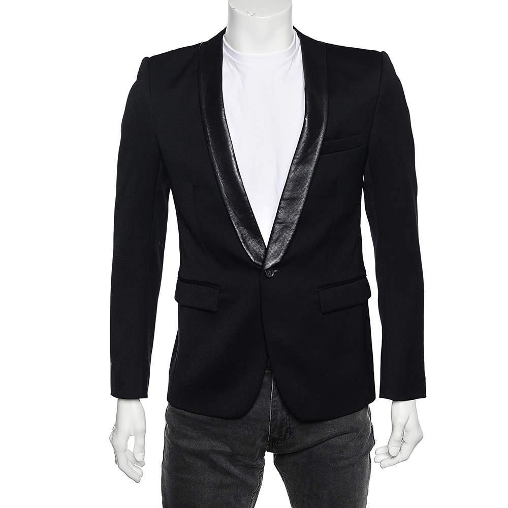 Pre Owned Balmain Black Wool & Leather Trim Shawl Lapel Blazer M