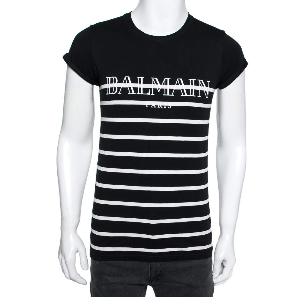 Pre Owned Balmain Black and White Stripe Cotton Balmain Printed T-shirt XS