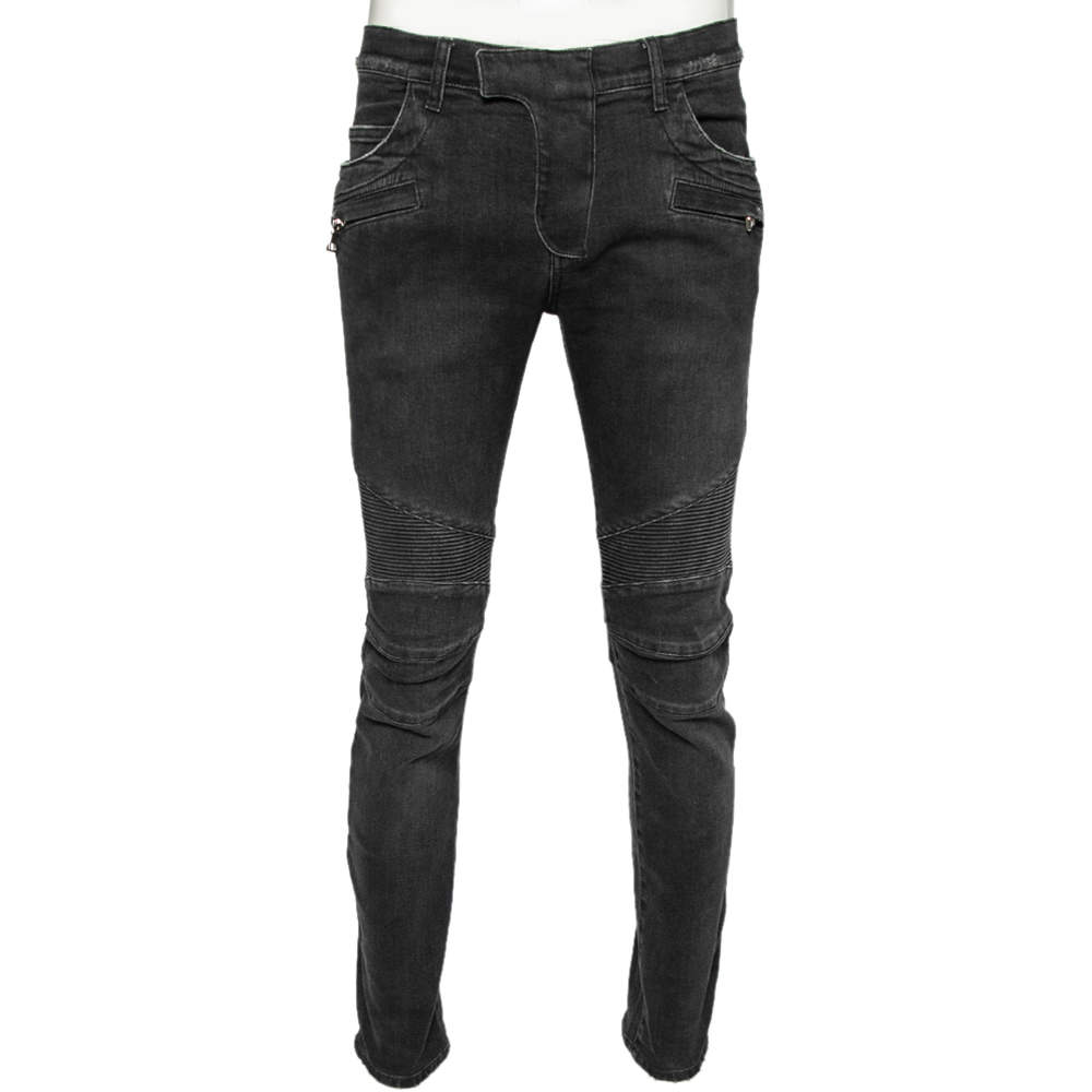 Balmain Charcoal Grey Denim Quilted Detail Biker Jeans M