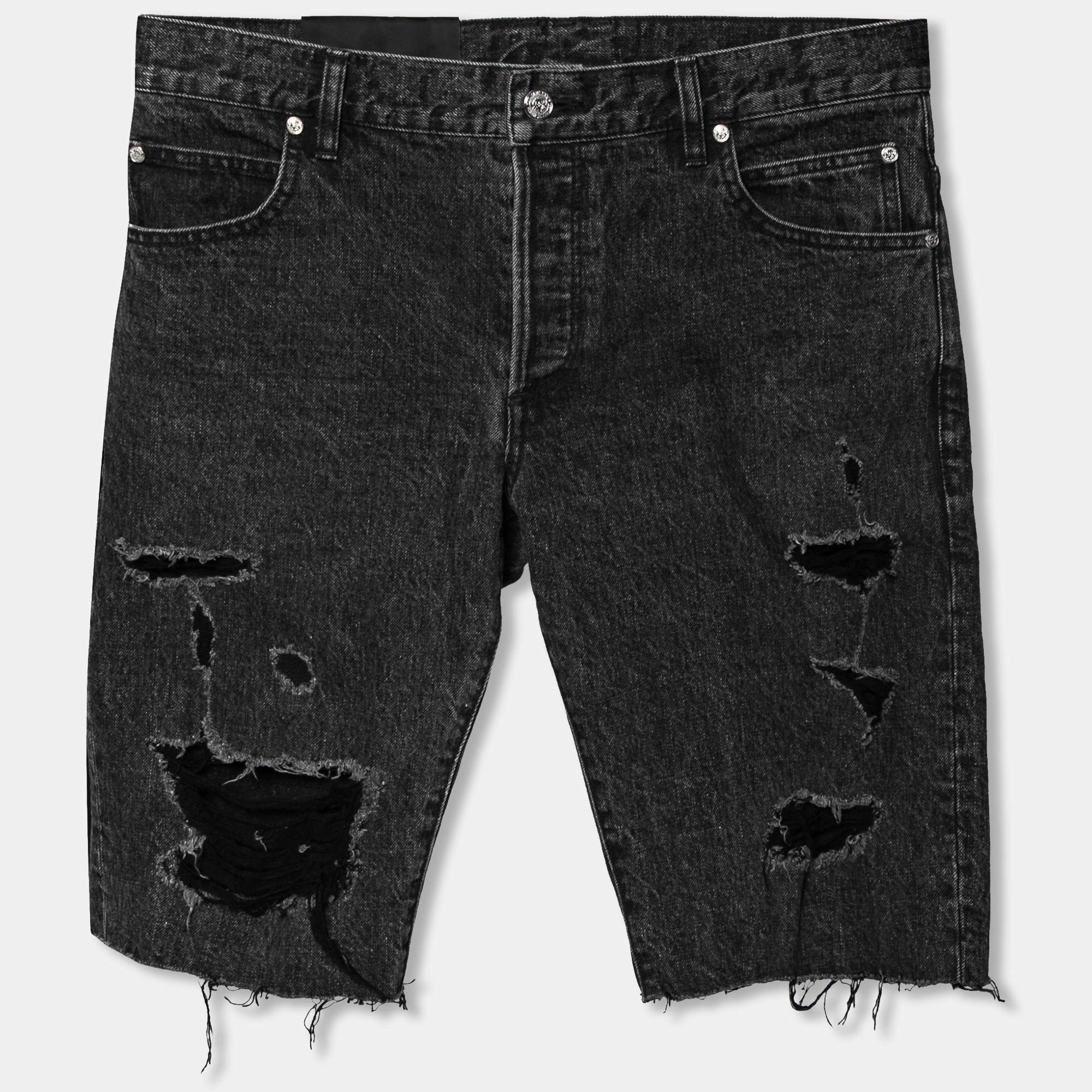 Balmain Grey Distressed Denim Logo Embroidered Shorts M