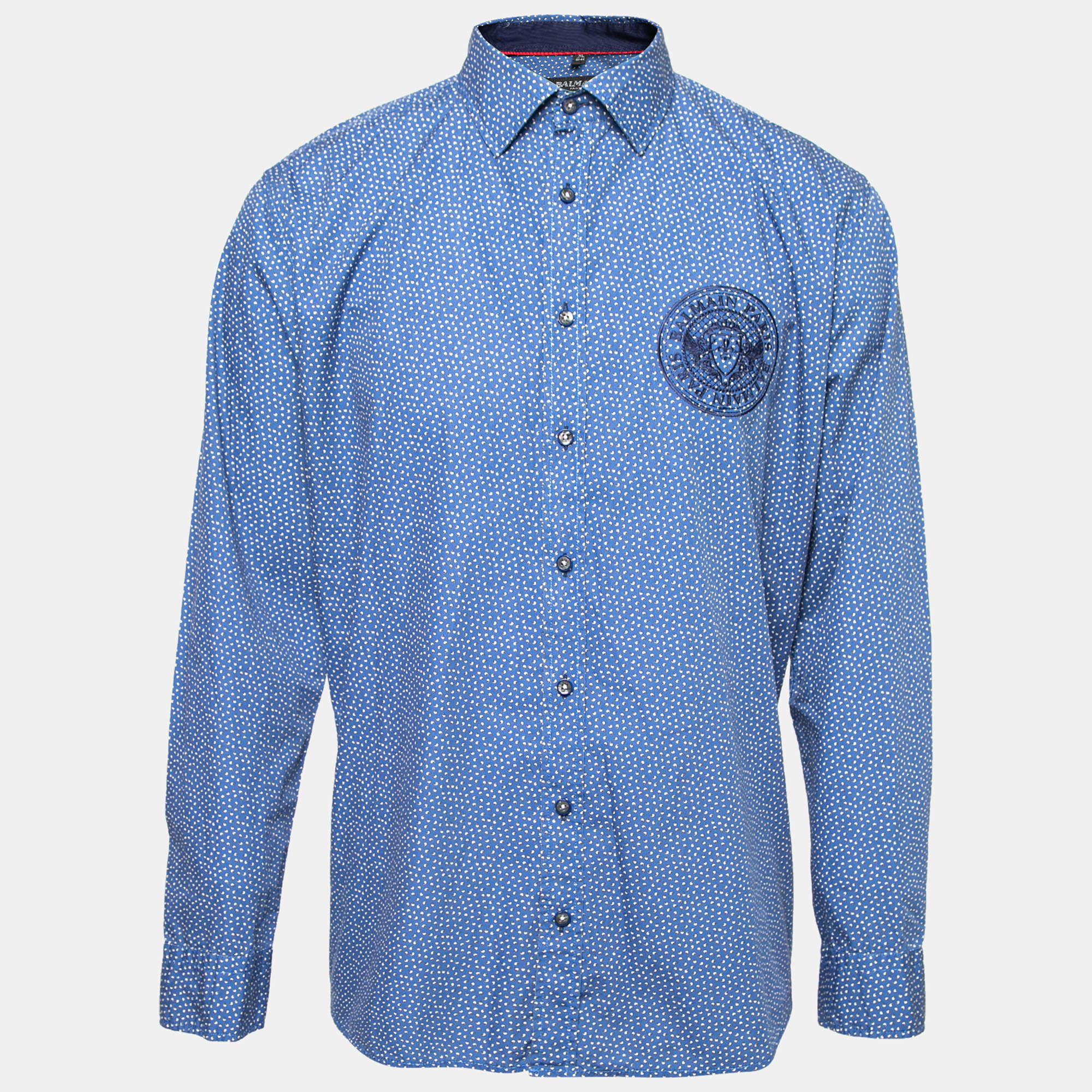 Pre Owned Balmain Blue Printed Cotton Logo Embroidered Button Front Shirt XL