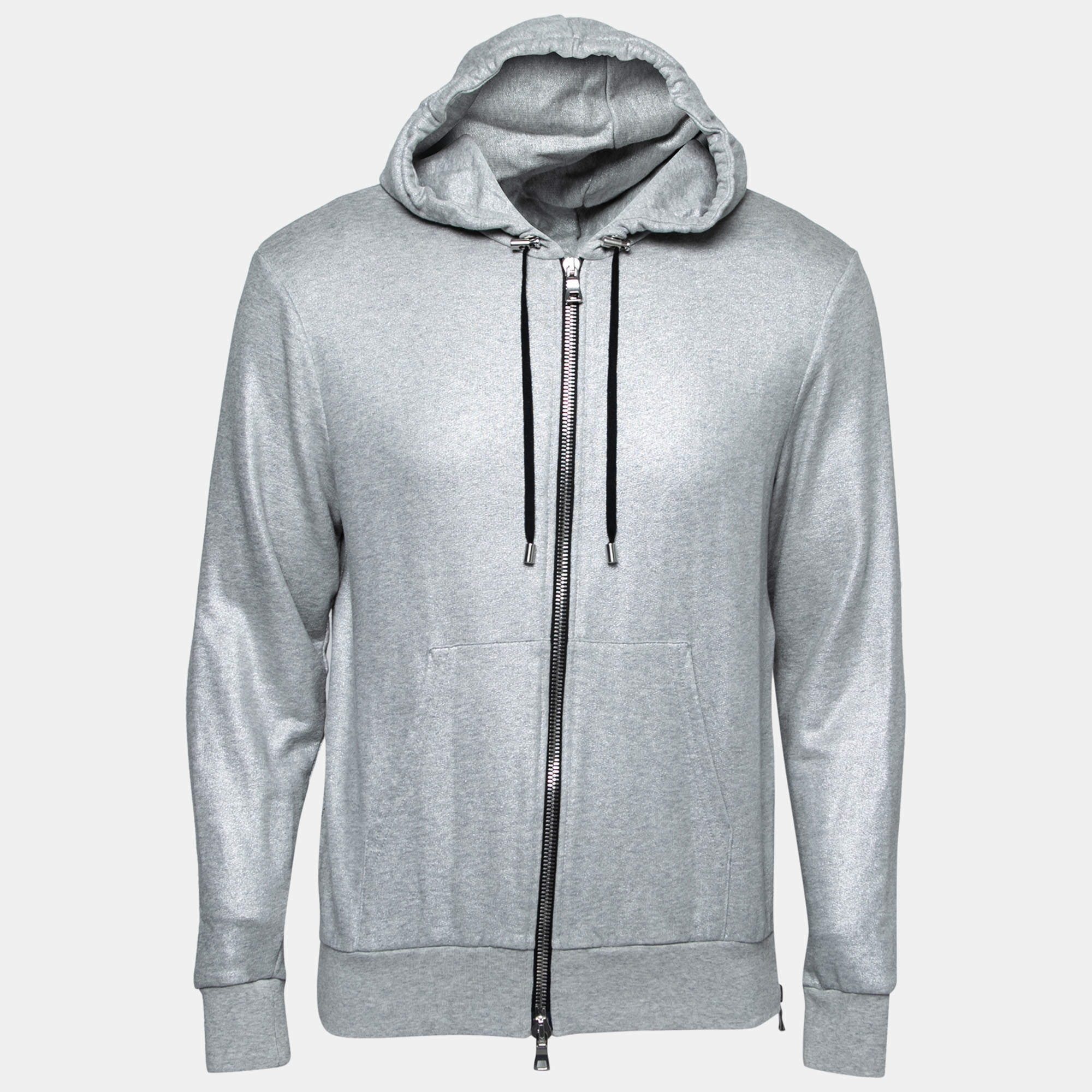 Balmain Silver Cotton Zip-Front Hoodie S Balmain | TLC