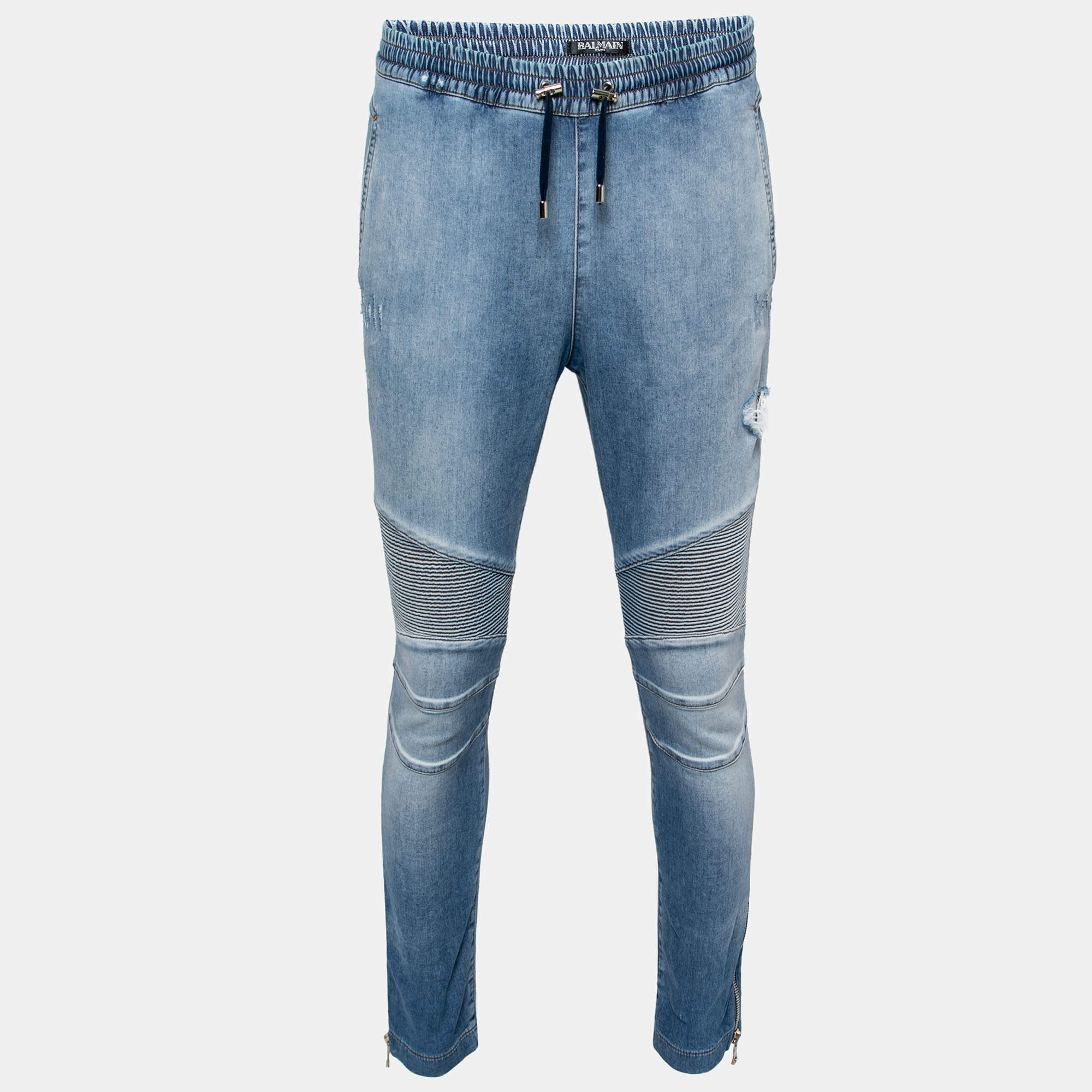 Pre Owned Balmain Light Blue Distressed Denim Ribbed-Paneled Jeans L Waist 29"