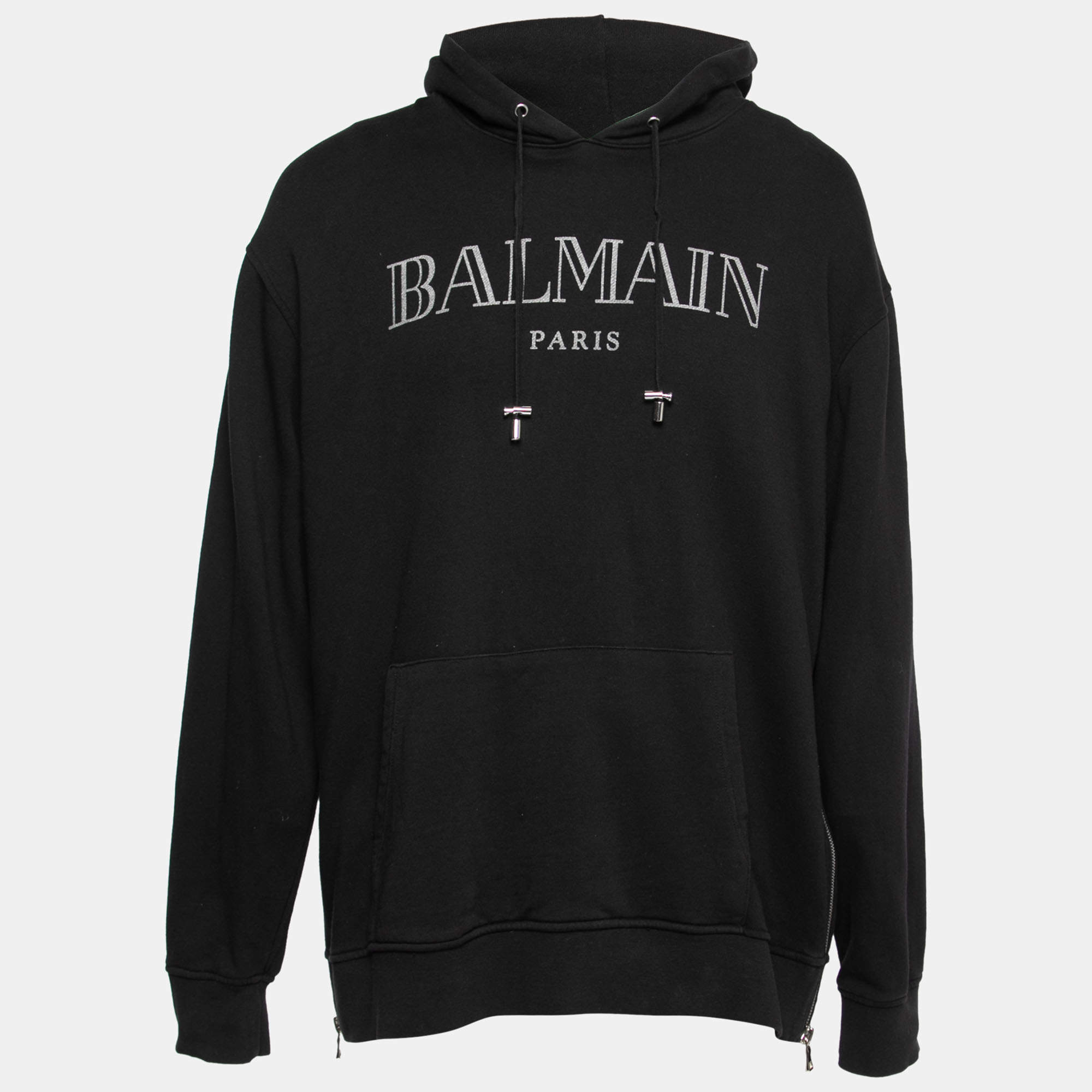 Pre Owned Balmain Black Cotton Logo Printed Zip Detail Hoodie XXL
