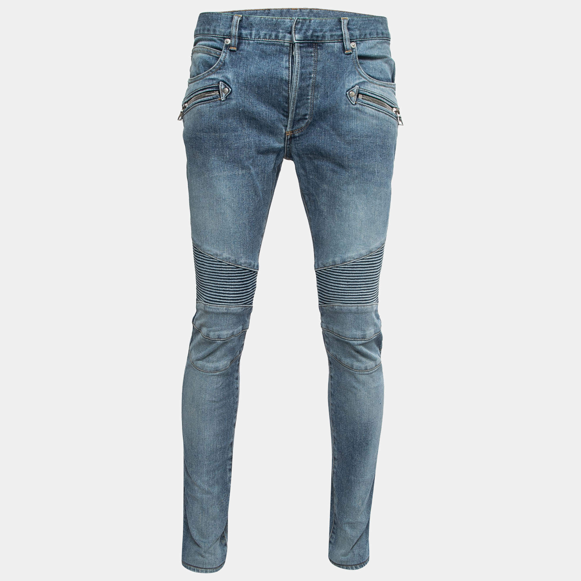 Pre Owned Balmain Blue Denim Biker Jeans L Waist:36"