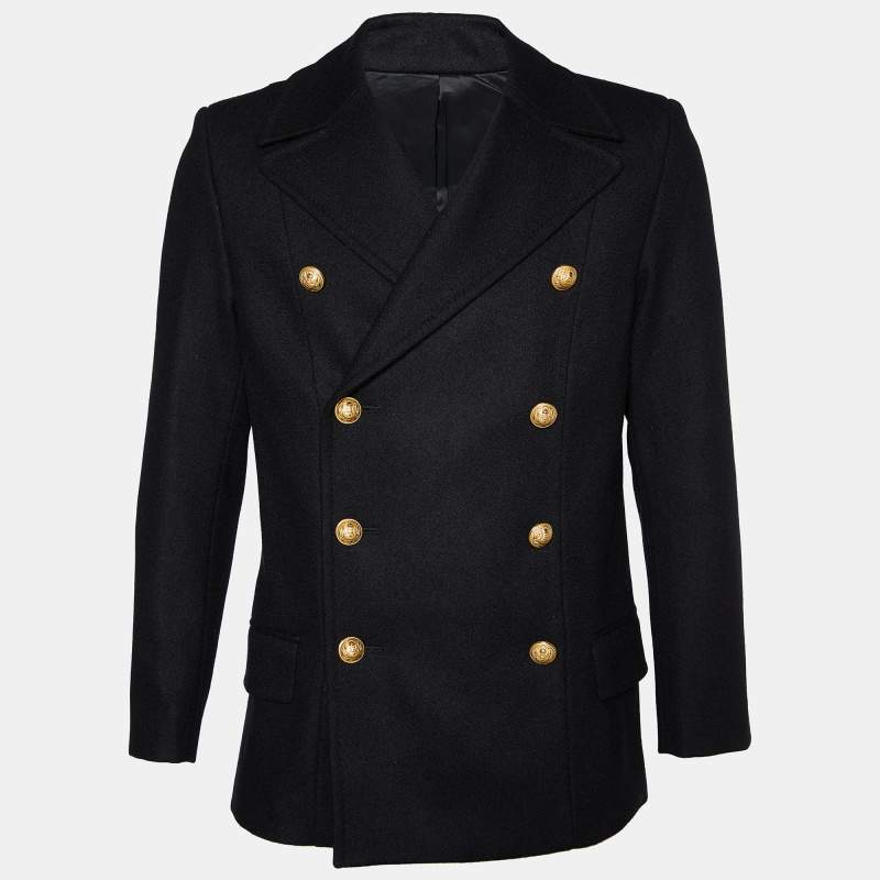 Balmain Black Wool Double Breasted Coat M
