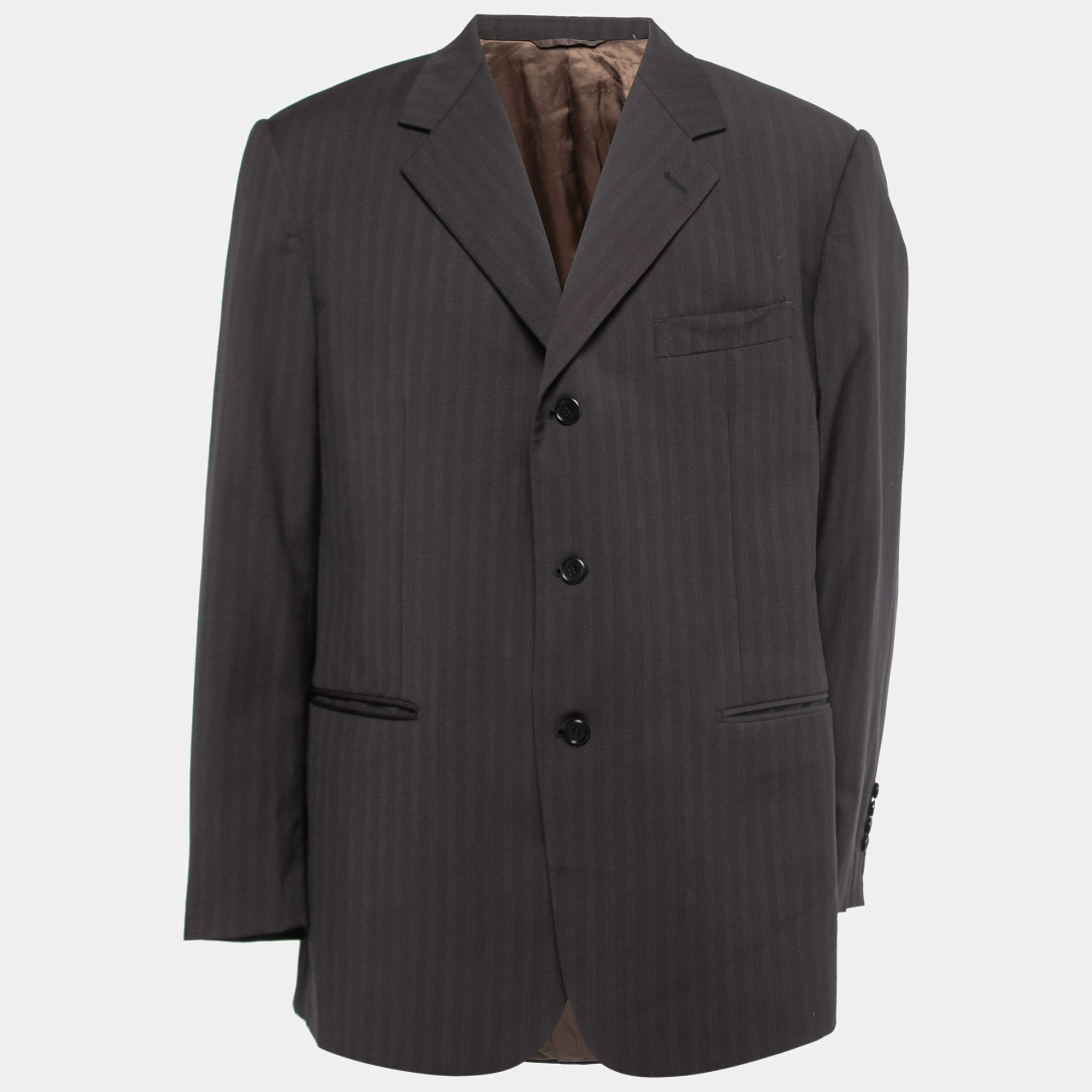 Pre Owned Balmain dark Brown Striped Wool Button Front Blazer XXL