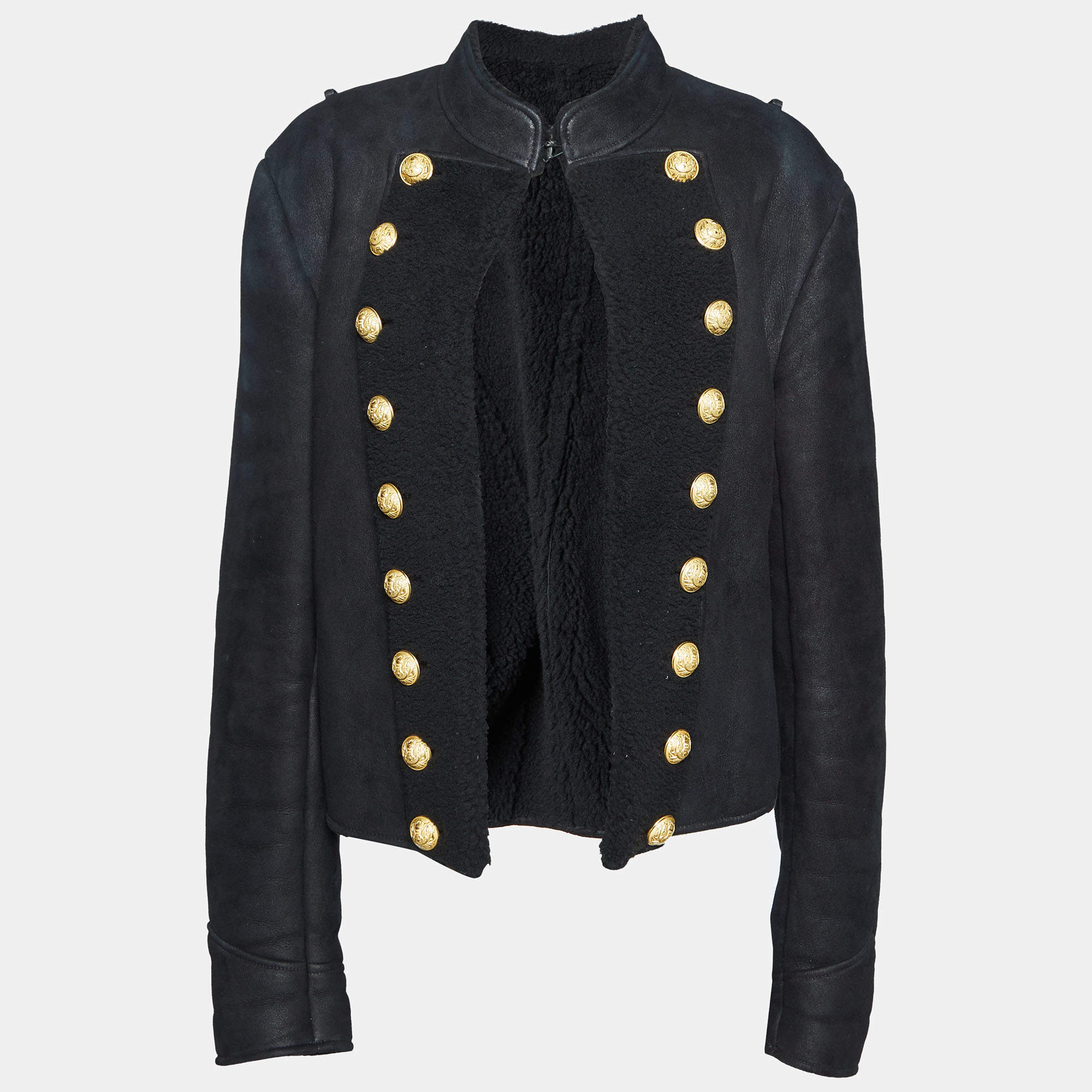 Pre Owned Balmain Black Shearling Hook Front Jacket M