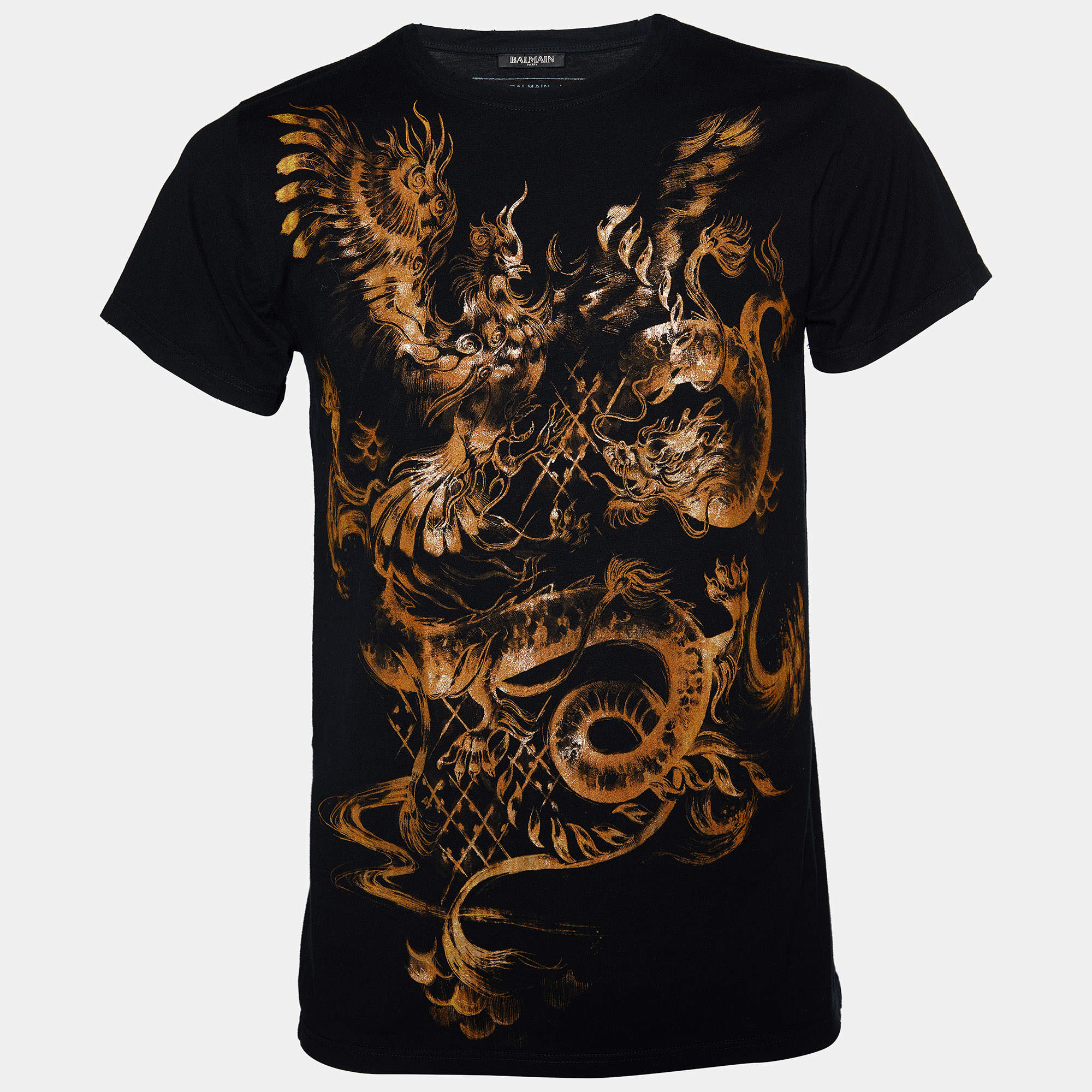 Pre Owned Balmain Black Dragon Printed Cotton Knit Distressed T-Shirt S