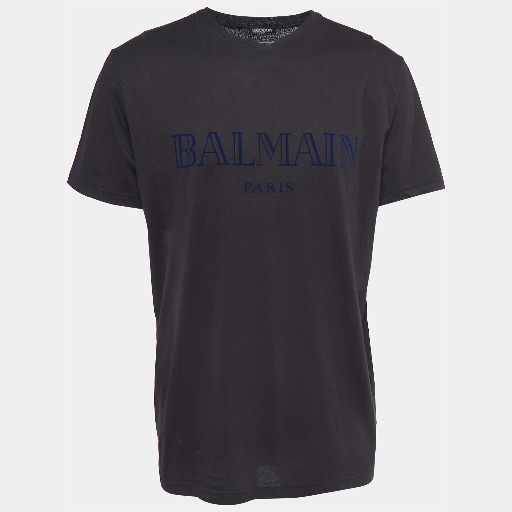 Pre Owned Balmain Black Logo Patch Cotton Crew Neck Half Sleeve T-Shirt XL