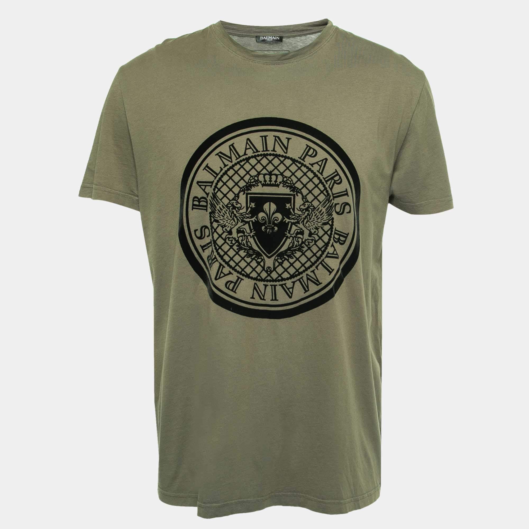 Pre Owned Balmain Military Green Cotton Velvet Trim Logo Detail Crew Neck Half Sleeve T-Shirt XL