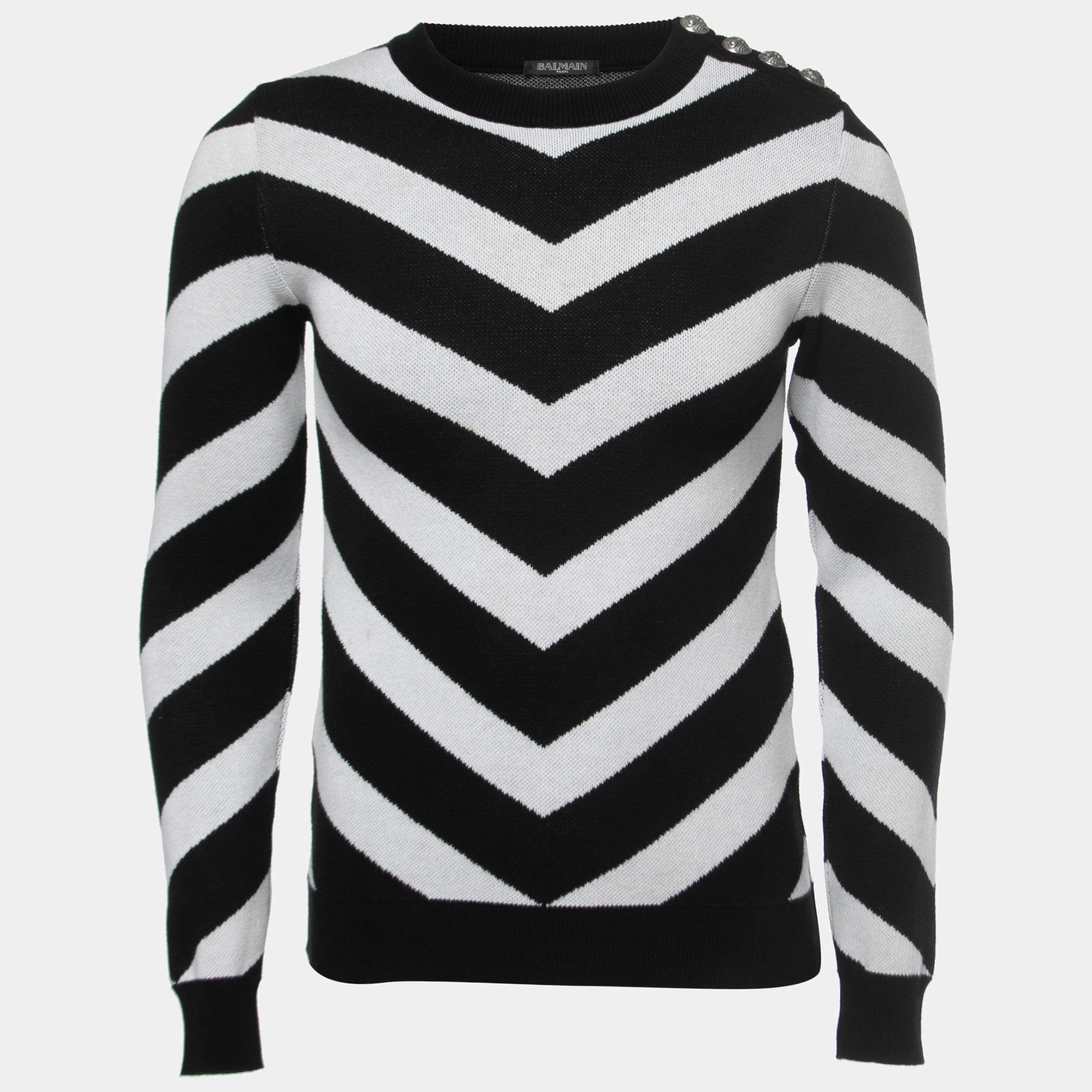 Balmain Monochrome Striped Knit Crew Neck Sweatshirt XS