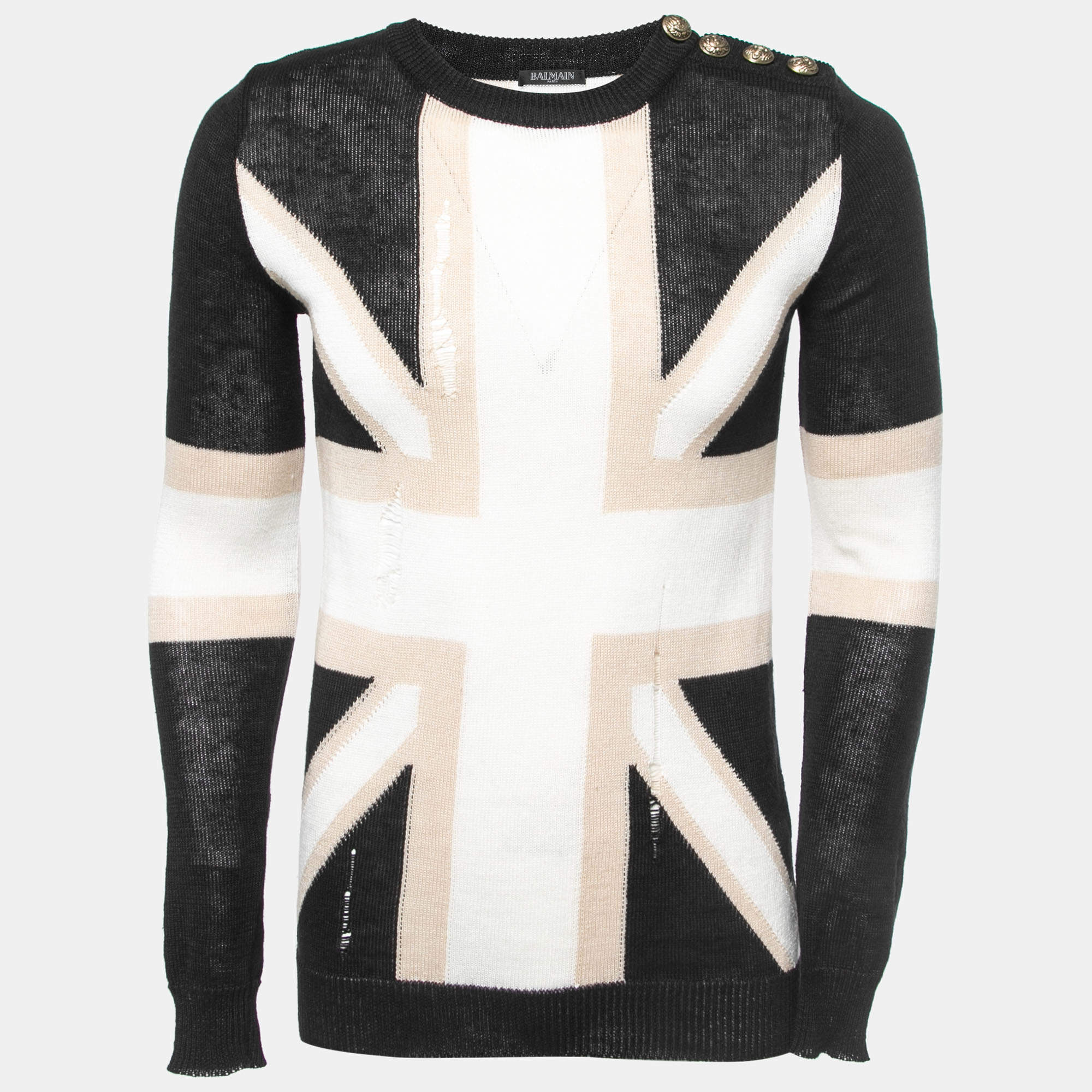 Pre Owned Balmain Black/Beige Knit Rip Detail Union Jack Sweater XS