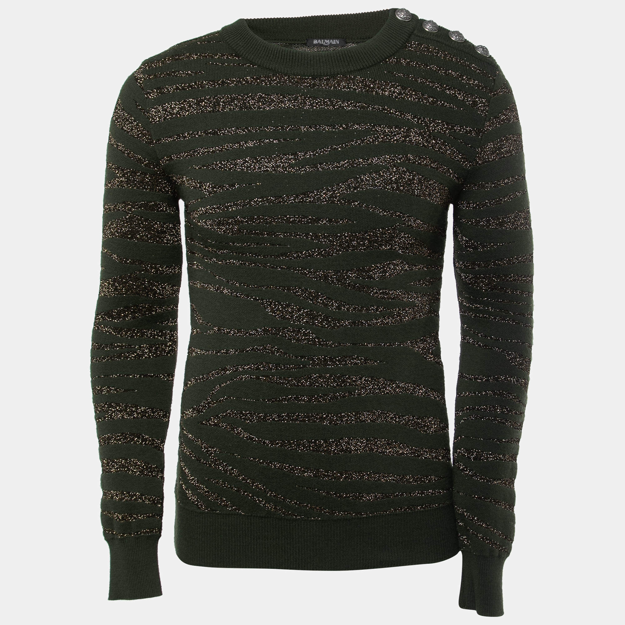 Balmain Green/Metallic Patterned Knit Button Detail Sweater XS