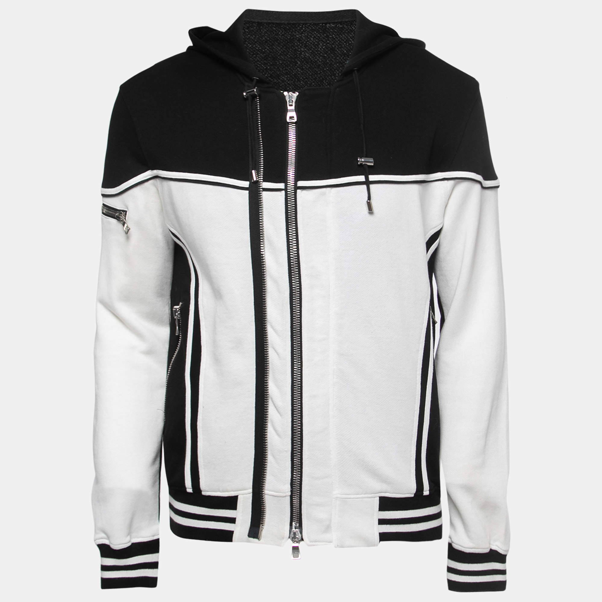 Pre Owned Balmain Black & White Paneled Cotton Knit Zip Front Hoodie L