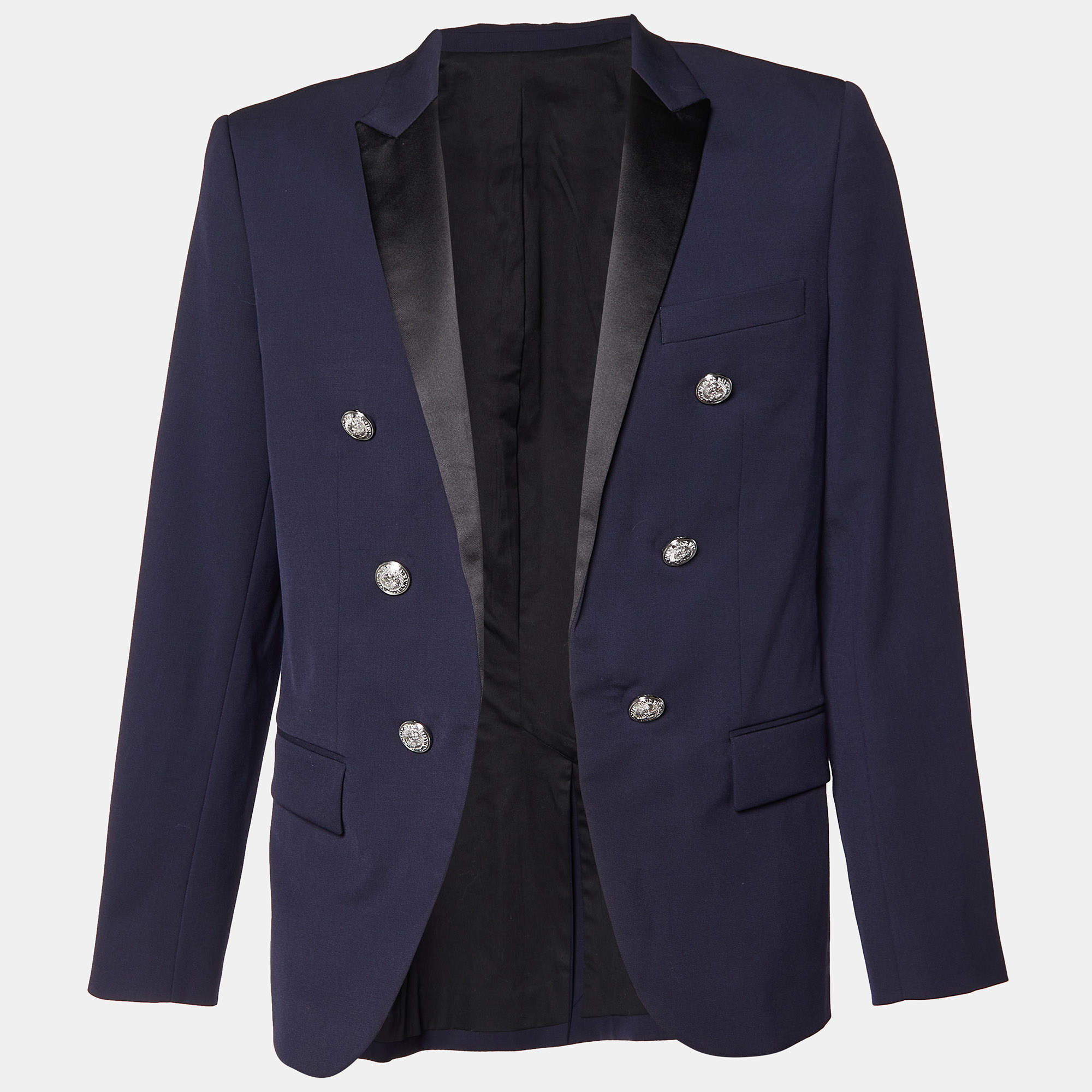 Pre Owned Balmain Navy Blue Wool Contrast Lapel Detail Blazer L
