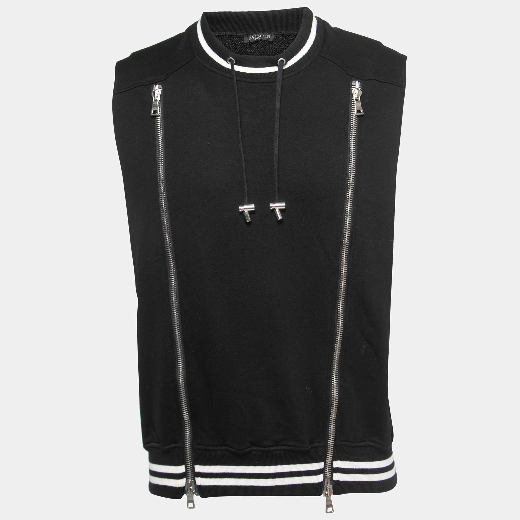 Pre Owned Balmain Black Cotton Knit Sleeveless Zip Front T-Shirt M