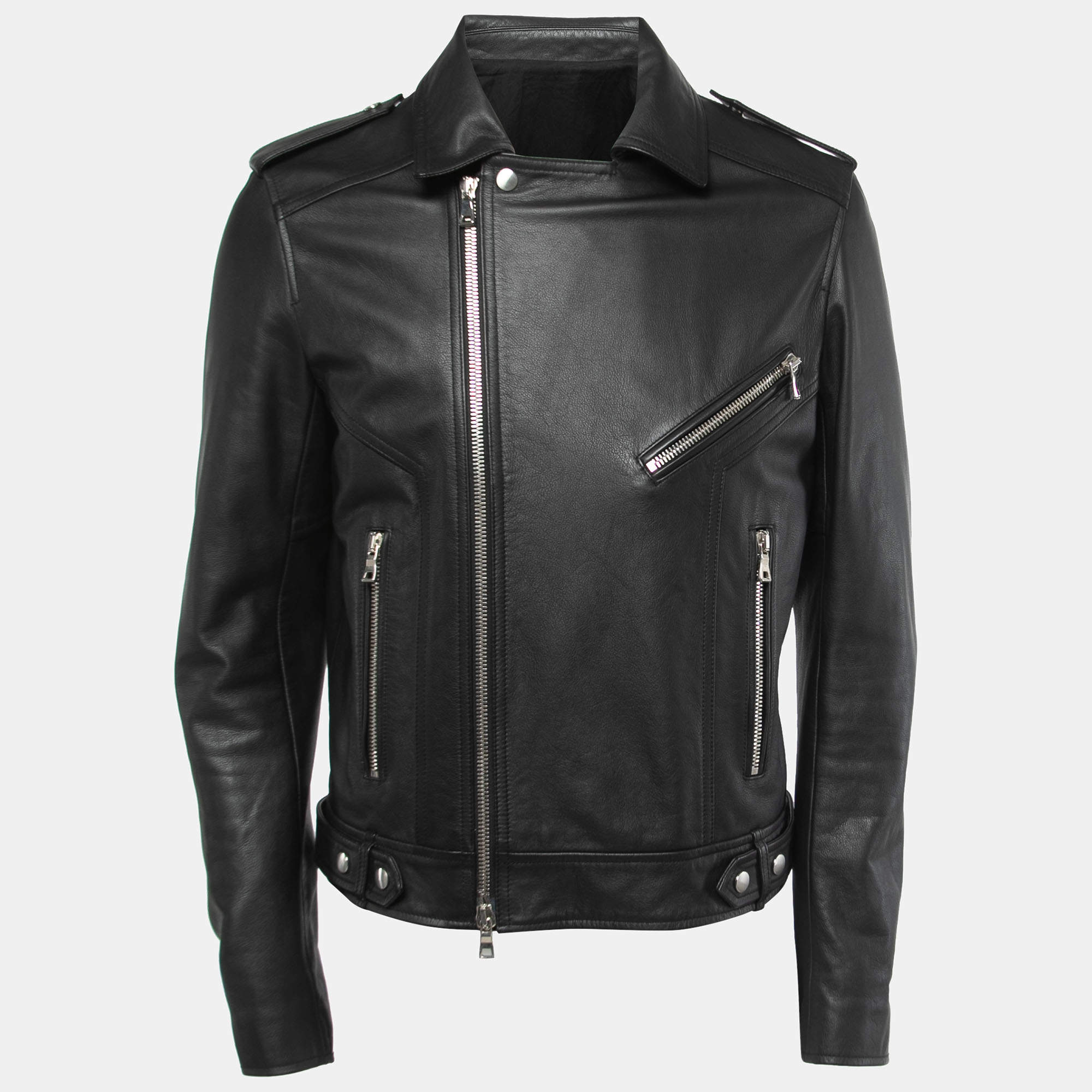 Balmain Black Leather Zip Front Biker Jacket XL