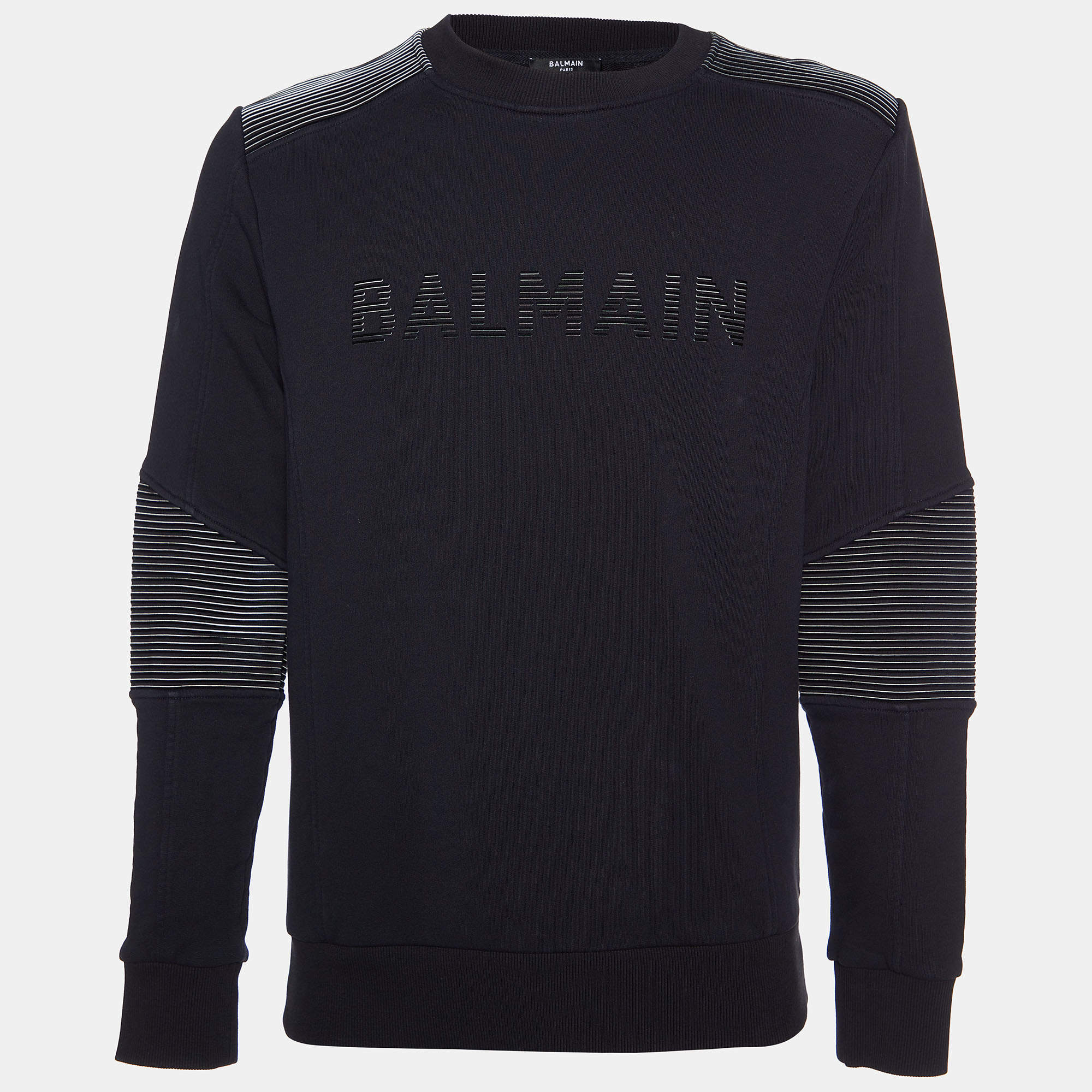 Pre Owned Balmain Black Striped Logo Cotton Knit Sweatshirt M