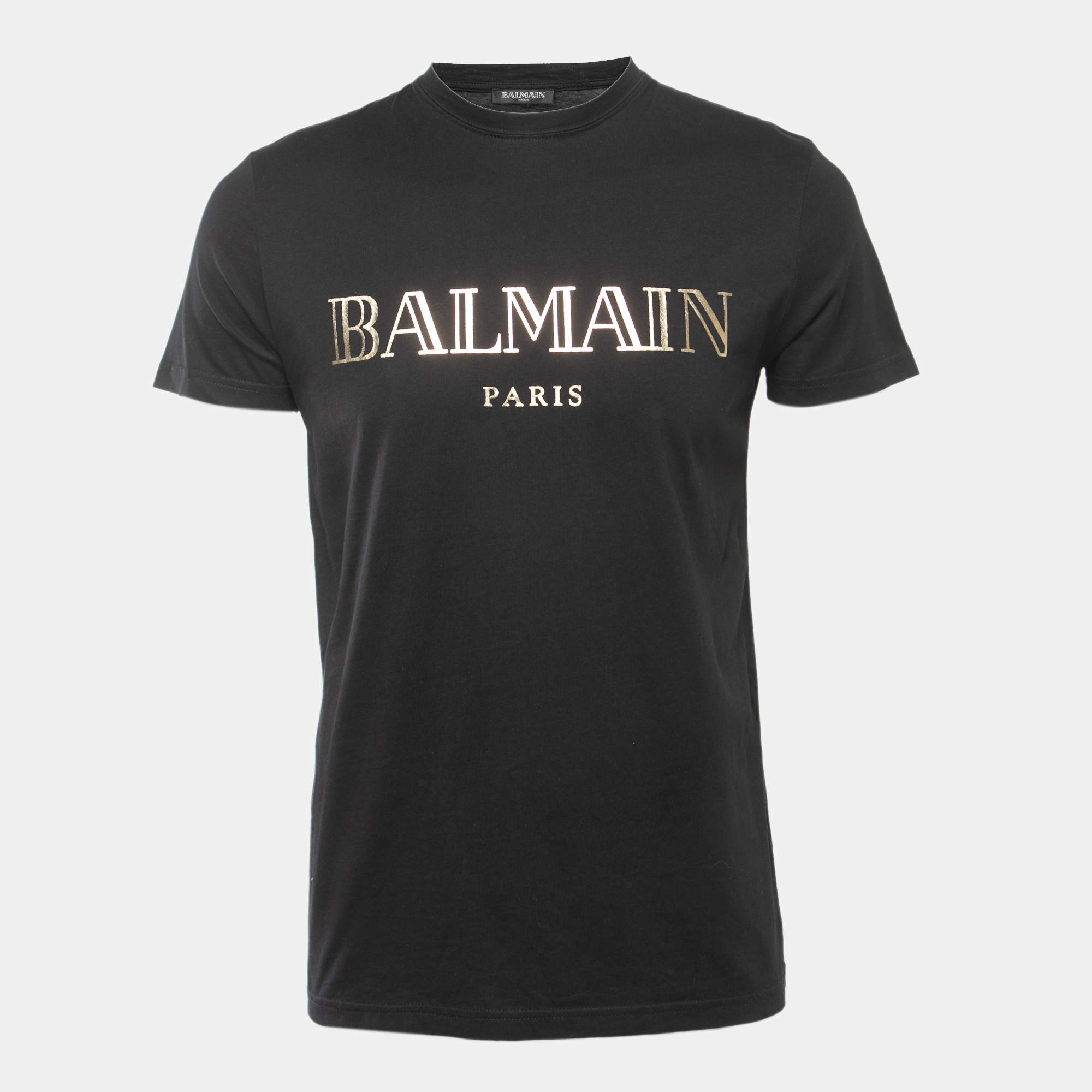 Pre Owned Balmain Black Logo Printed Cotton Knit T-Shirt M