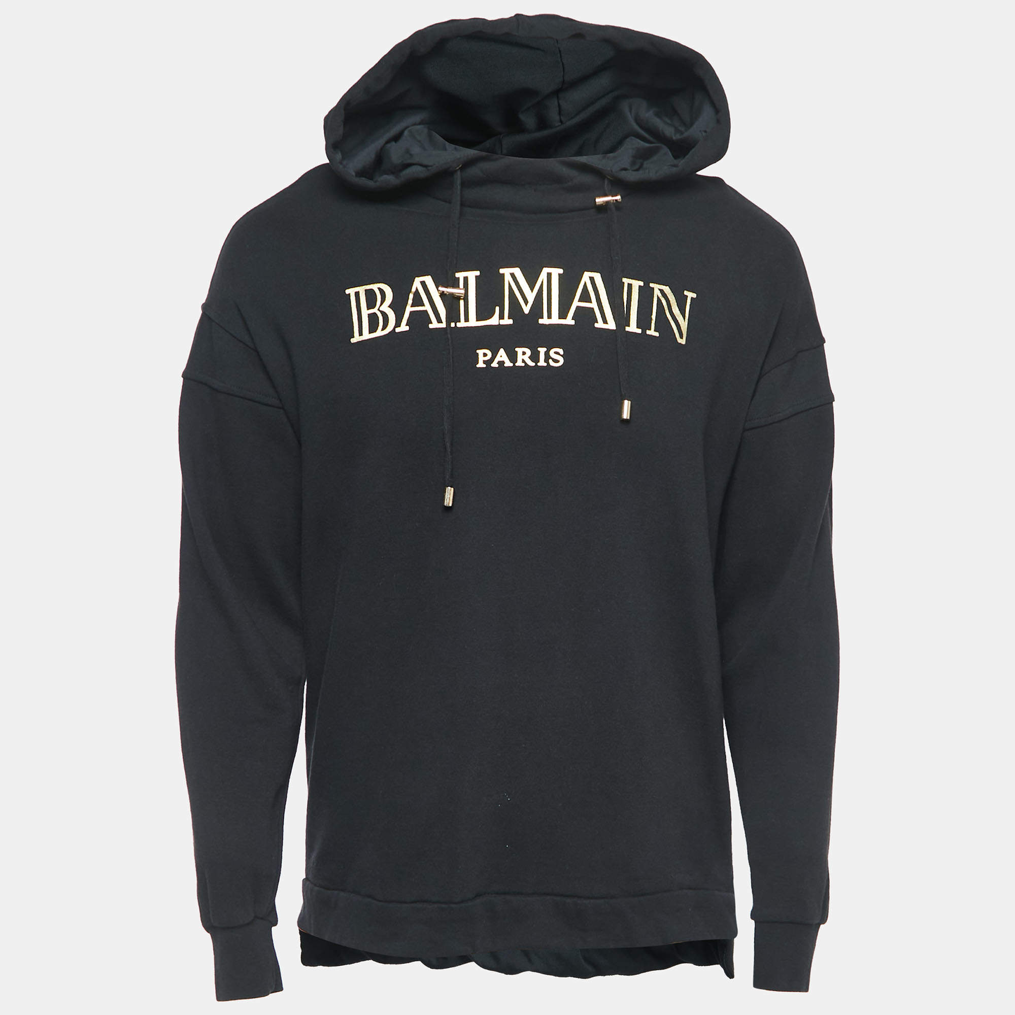 Balmain Black Logo Print Cotton Hooded Sweatshirt M