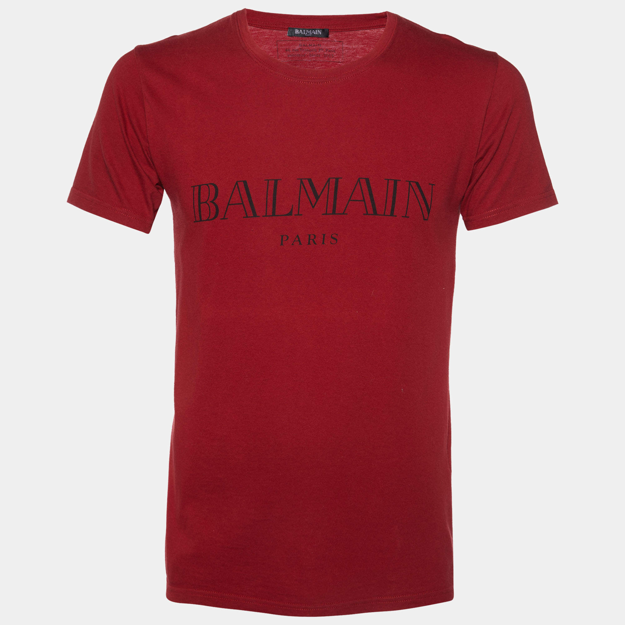 Balmain Red Logo Print Cotton Crew Neck T-Shirt XS
