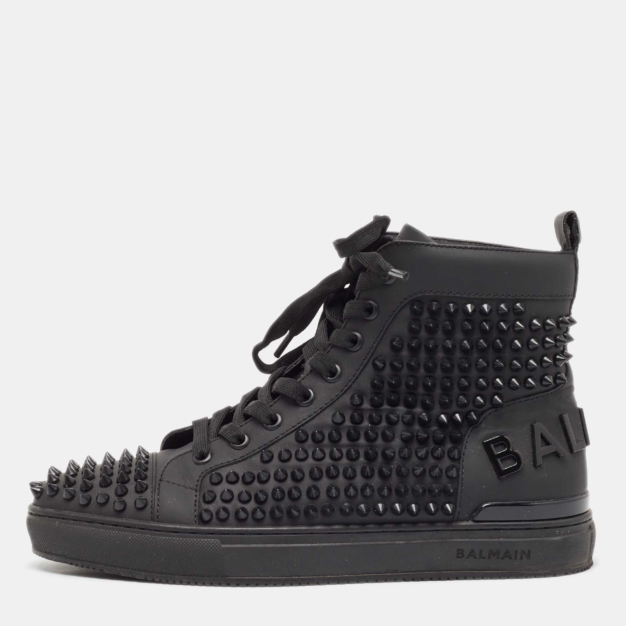 Balmain Black Leather Studded High Top Sneakers Size 40