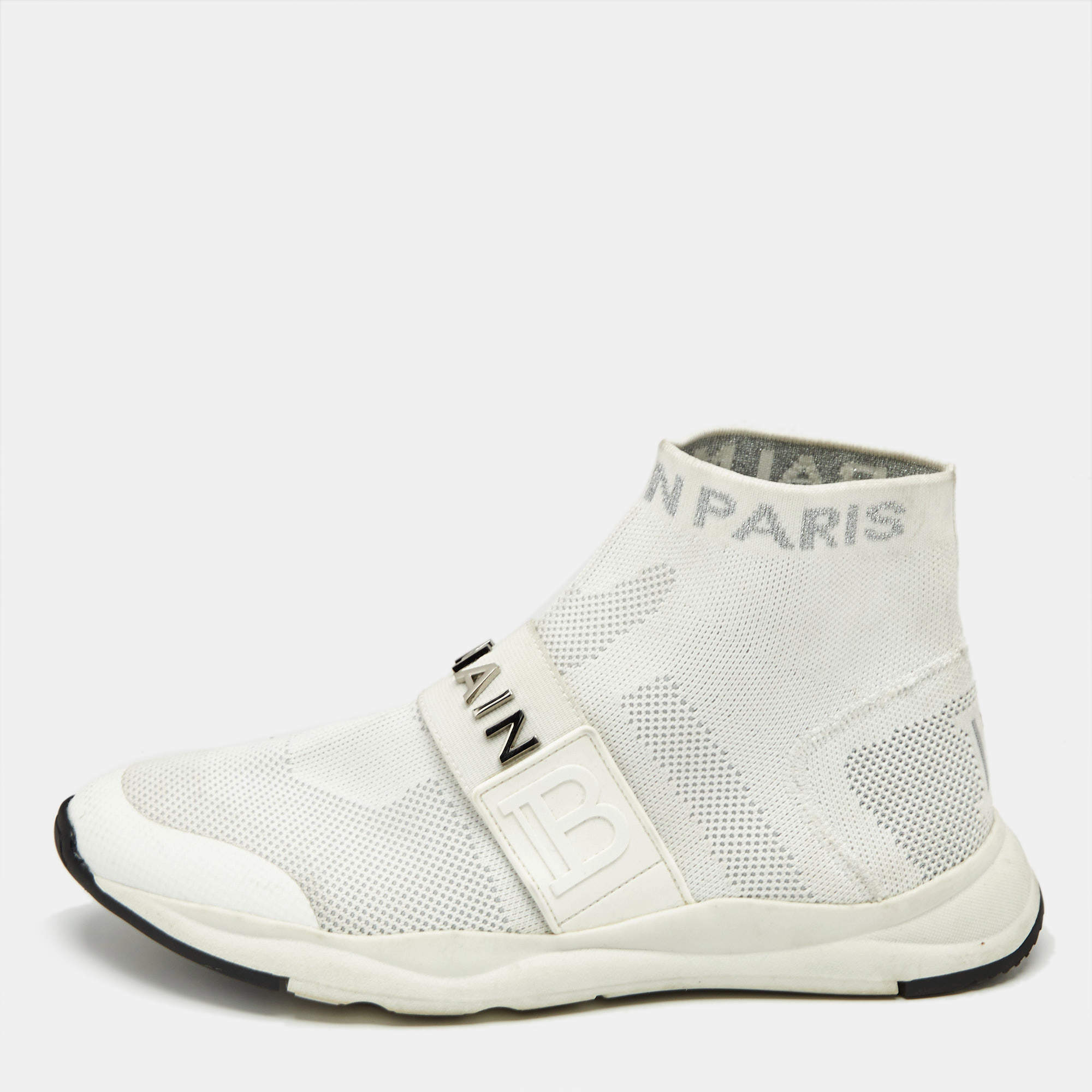 Balmain White Knit Fabric Cameron Sock Sneakers Size 41