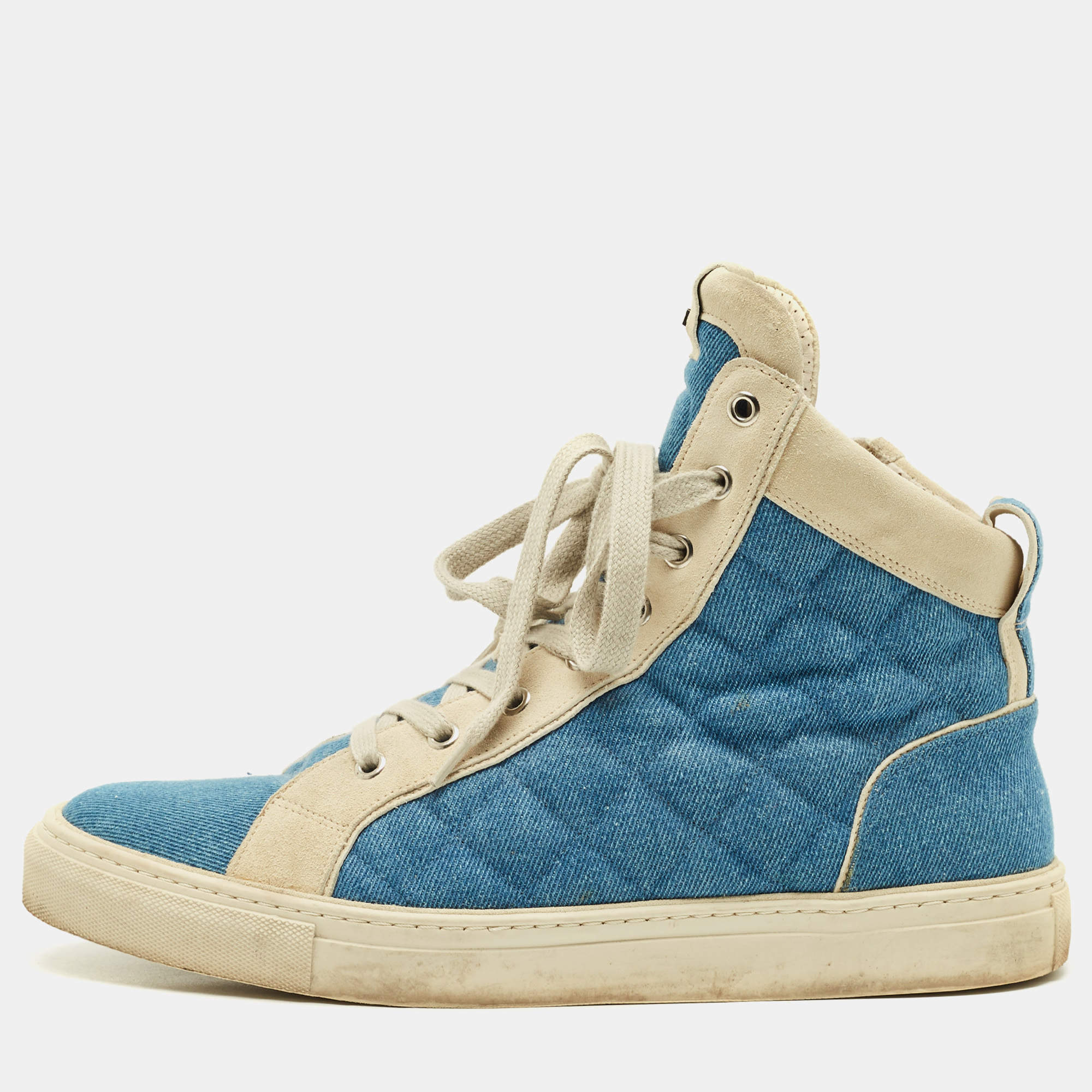 Pre Owned Balmain Size 44 Blue Denim and Suede High Top Sneakers