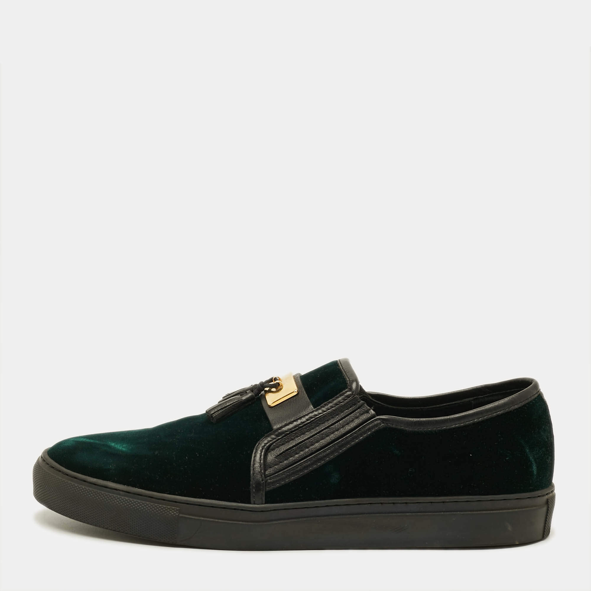 Pre Owned Balmain Size 43 Green/Black Leather Velvet Slip On Sneakers