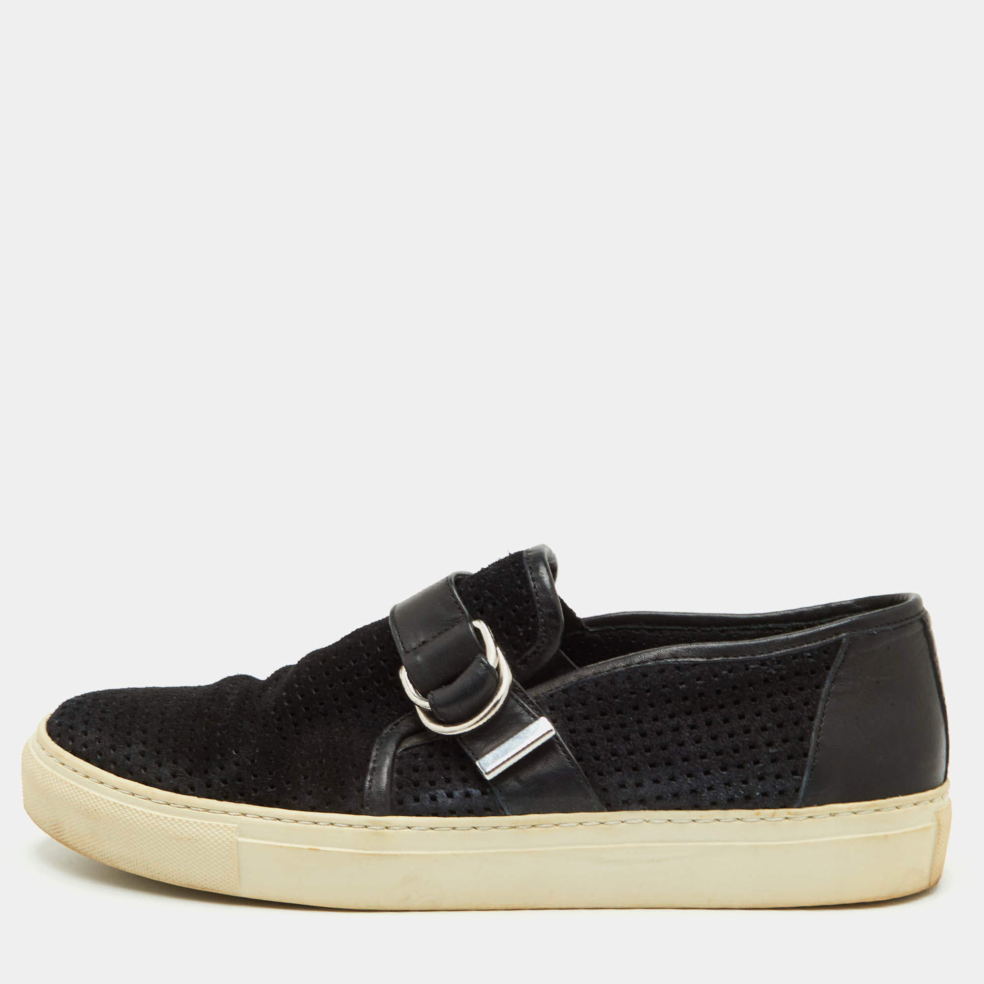 Pre Owned Balmain Size 42 Black Perforated Suede and Leather Slip On Sneakers