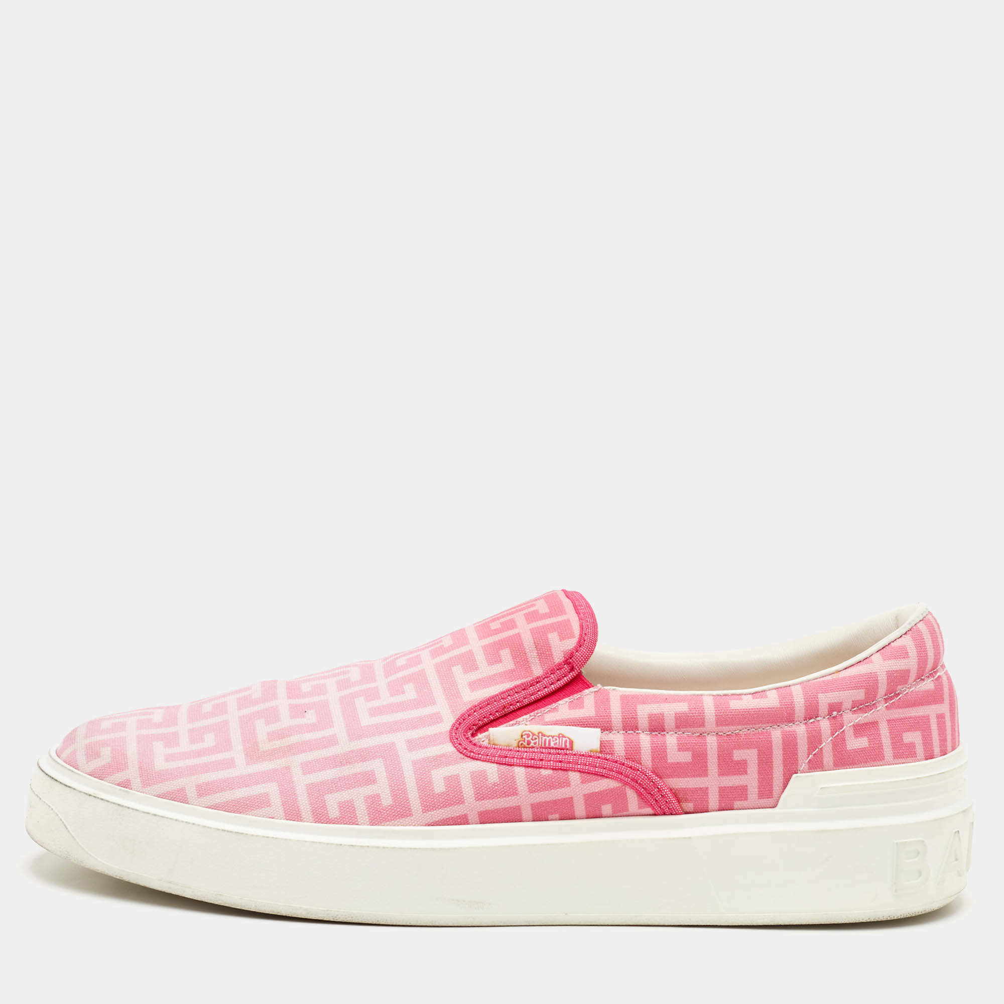 Pre Owned Balmain x Barbie Size 44 Pink/White Monogram Canvas Slip On Sneakers