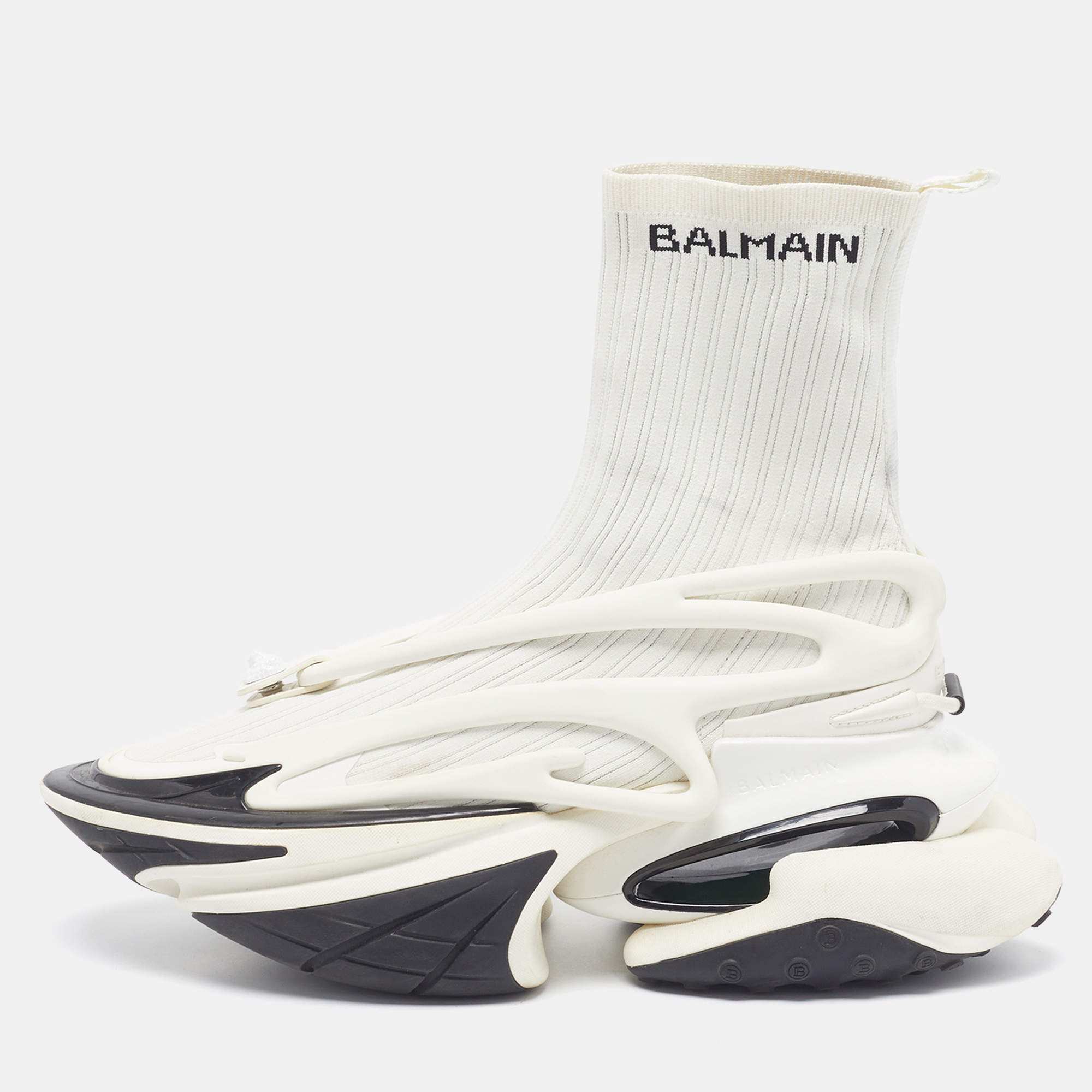 Pre Owned Balmain Unicorn Size 43 White/Black Knit Fabric and Rubber High Top Sneakers