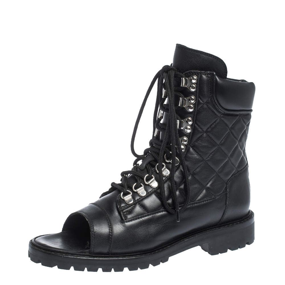 Pre Owned Balmain Black Quilted Leather Lace up Open Toe Boots Size 40