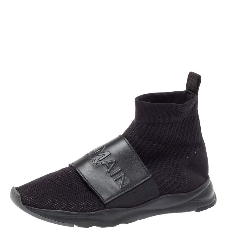 Balmain Black Knit Fabric And Leather Cameron Sock Sneakers Size 42