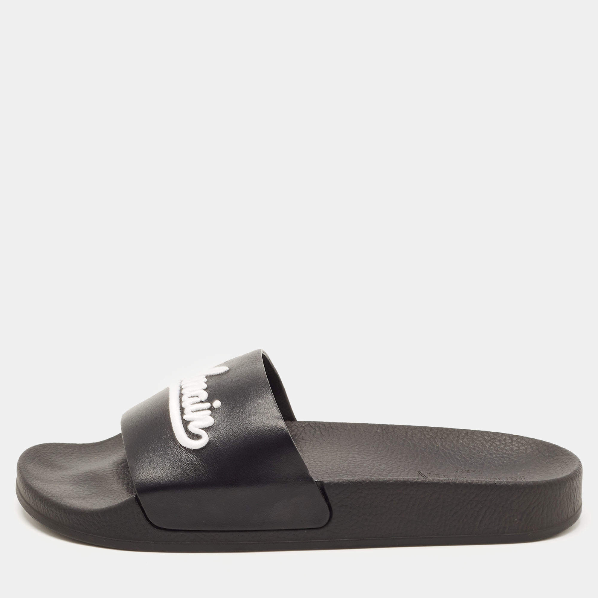 Balmain Black Logo Embroidered Leather Pool Slides Size 40