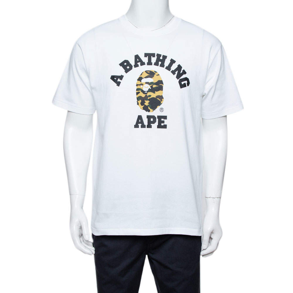 A Bathing Ape White Camo Logo Print Cotton Crew Neck T-Shirt L