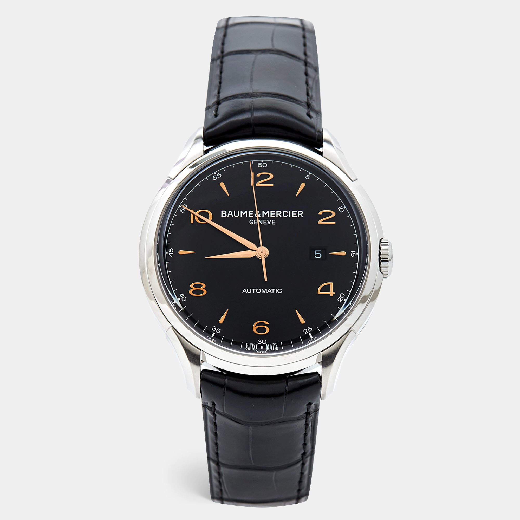 Baume & Mercier Black Stainless Steel Alligator Leather Clifton MOA10366 Men's Wristwatch 45 mm