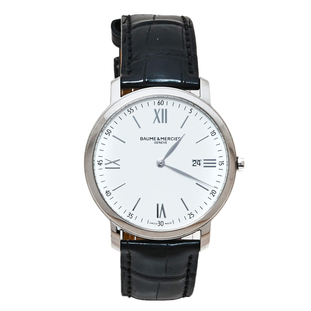 Baume & Mercier White Stainless Steel & Leather Classima Men's Wristwatch 39MM