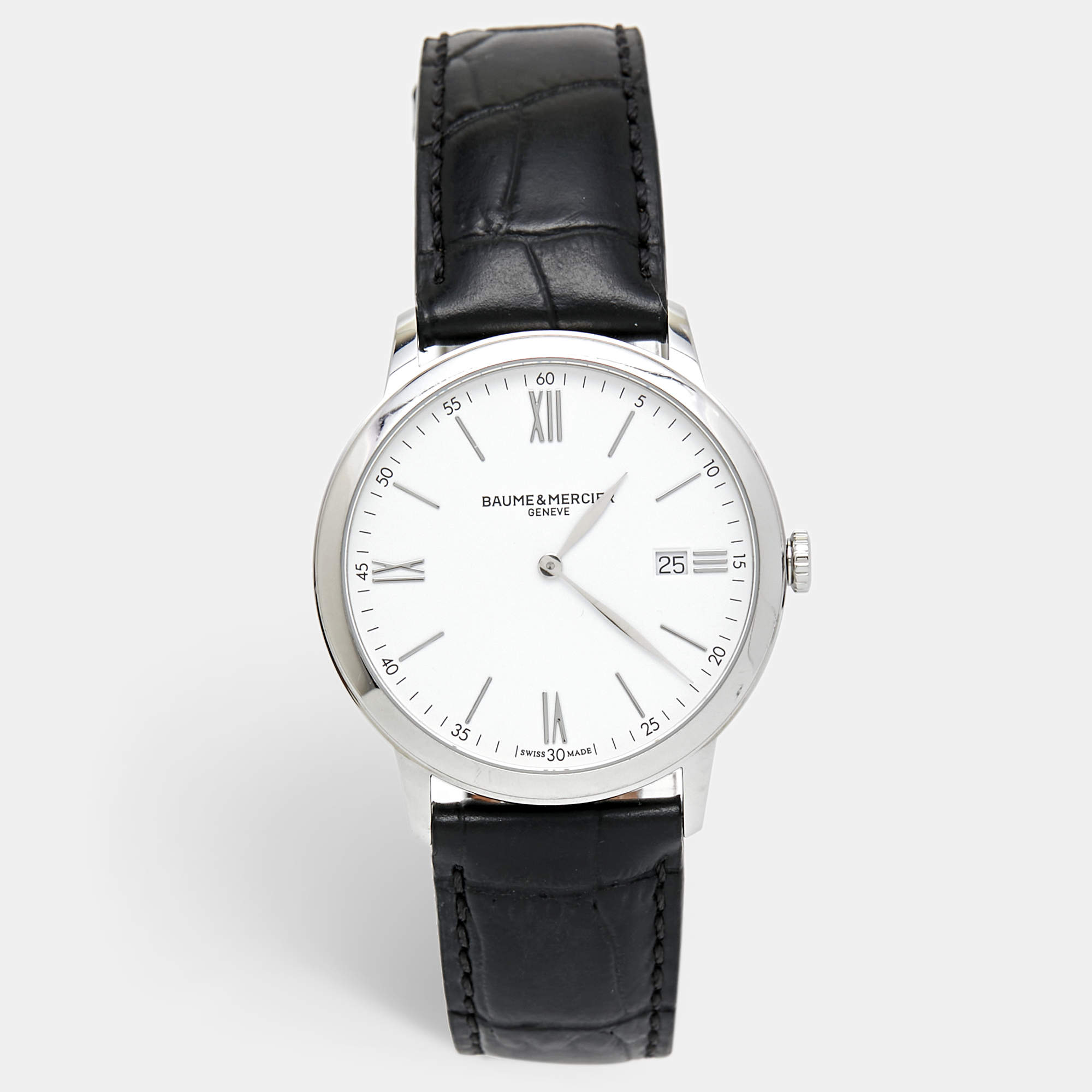 Pre Owned Baume & Mercier White Stainless Steel Leather Classima 10323 Men's Wristwatch 40 mm