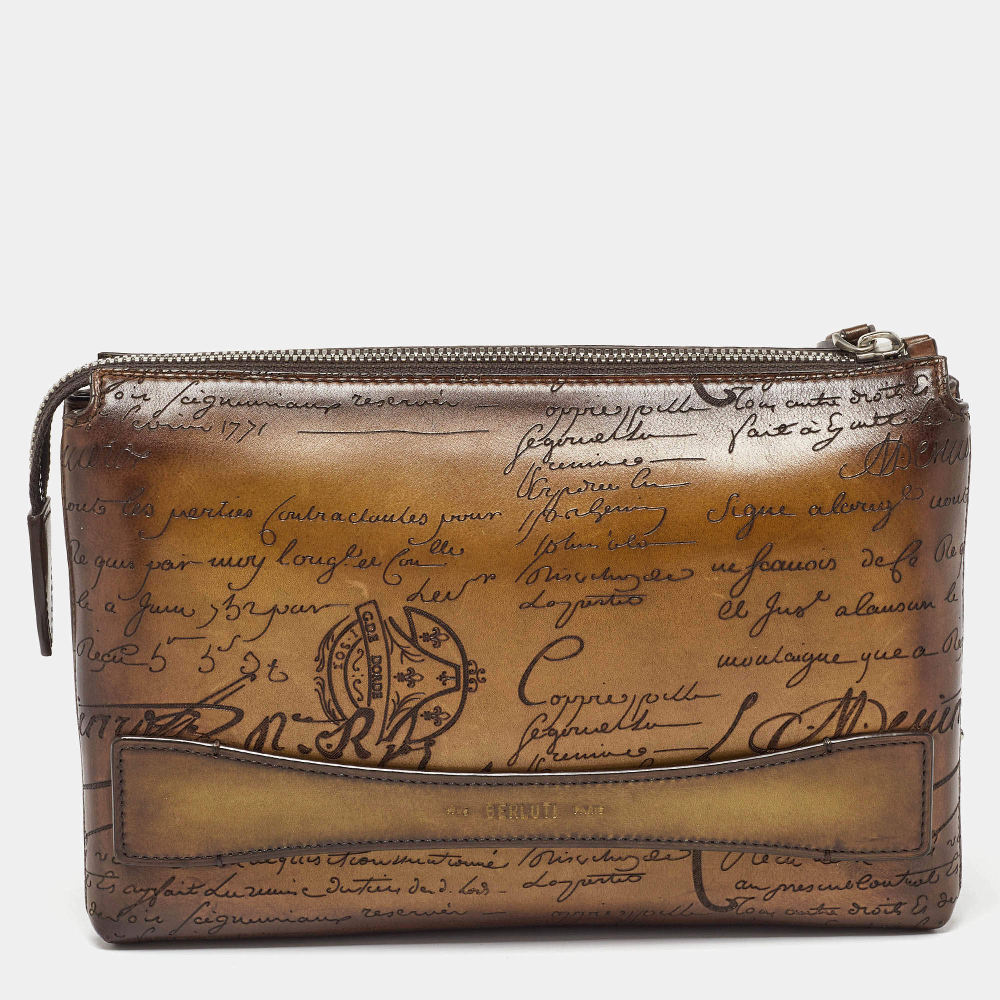 Berluti Olive Green Leather Tiriwa Scritto Pouch