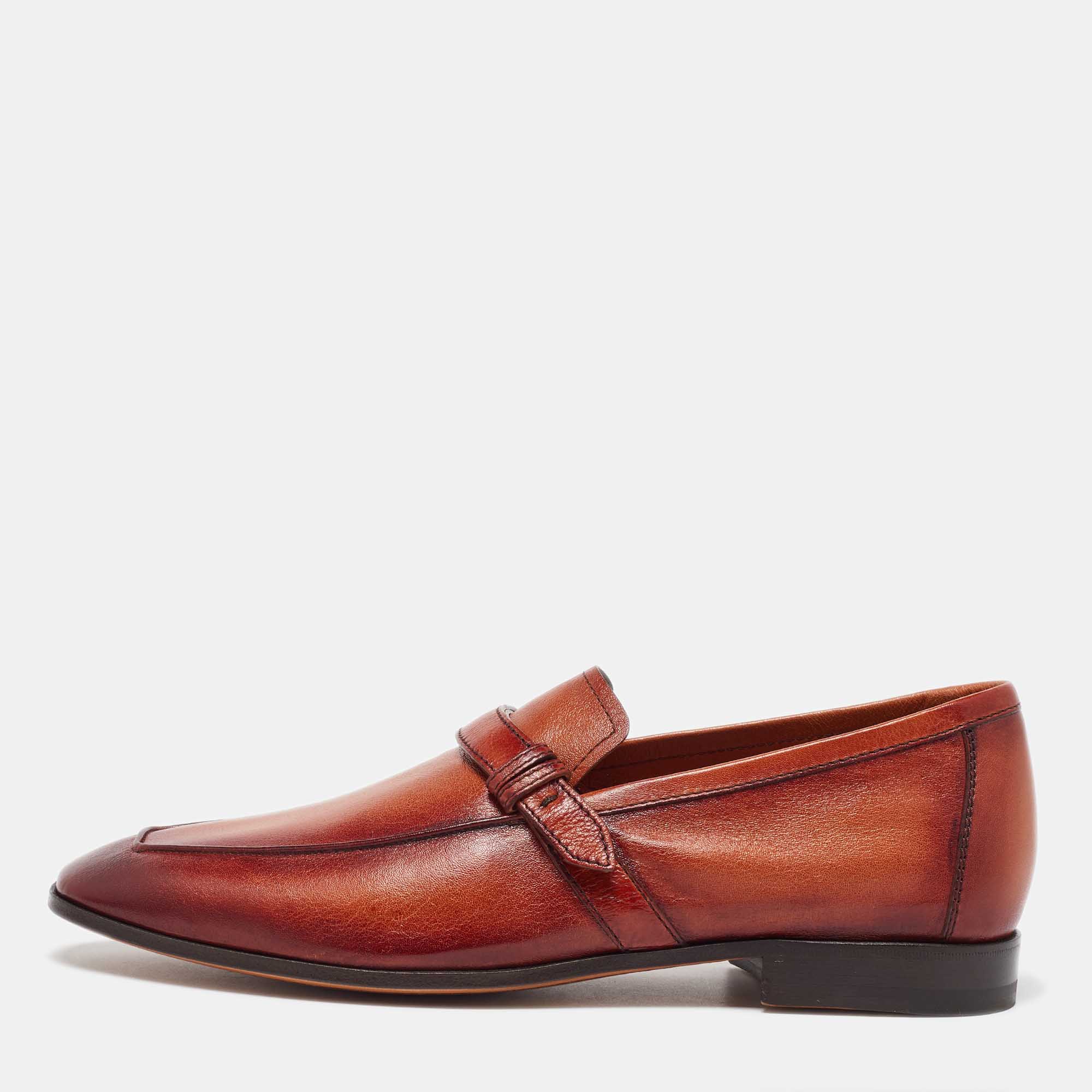 Berluti Brown Leather Strap Detail Penny Loafers Size 39.5