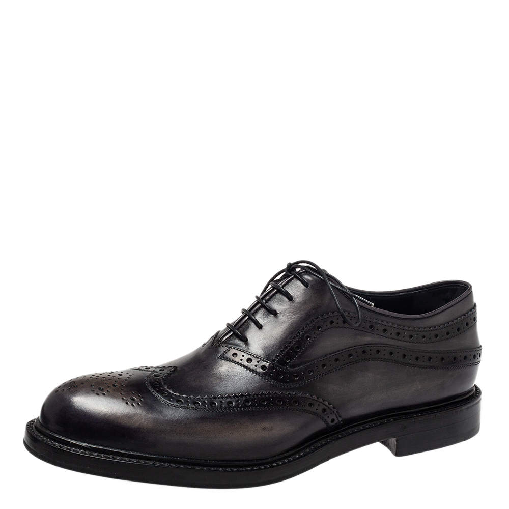 Berluti Dark Grey Brogue Leather Lace Up Oxfords Size 44