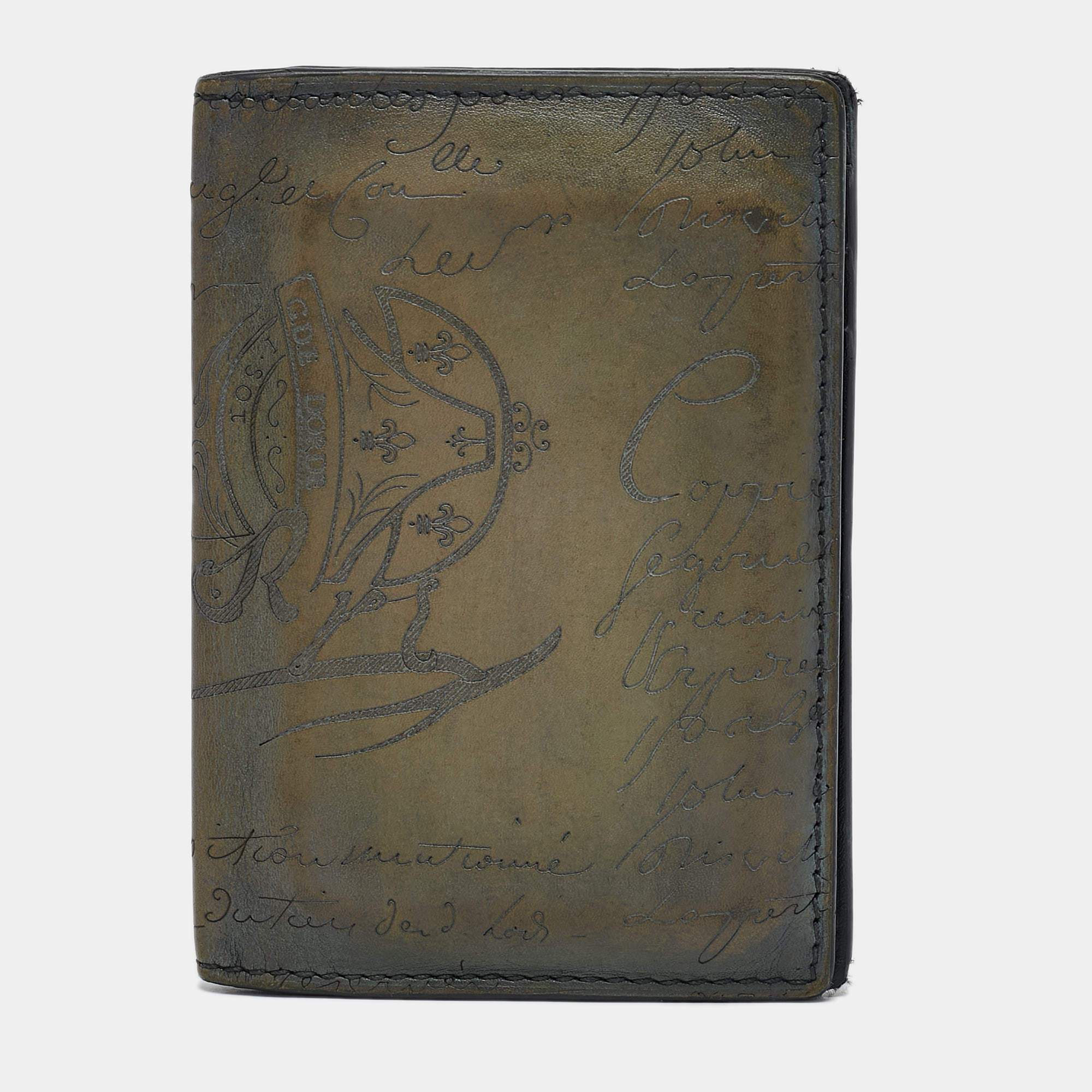 Berluti Olive Green Leather Scritto Card Case