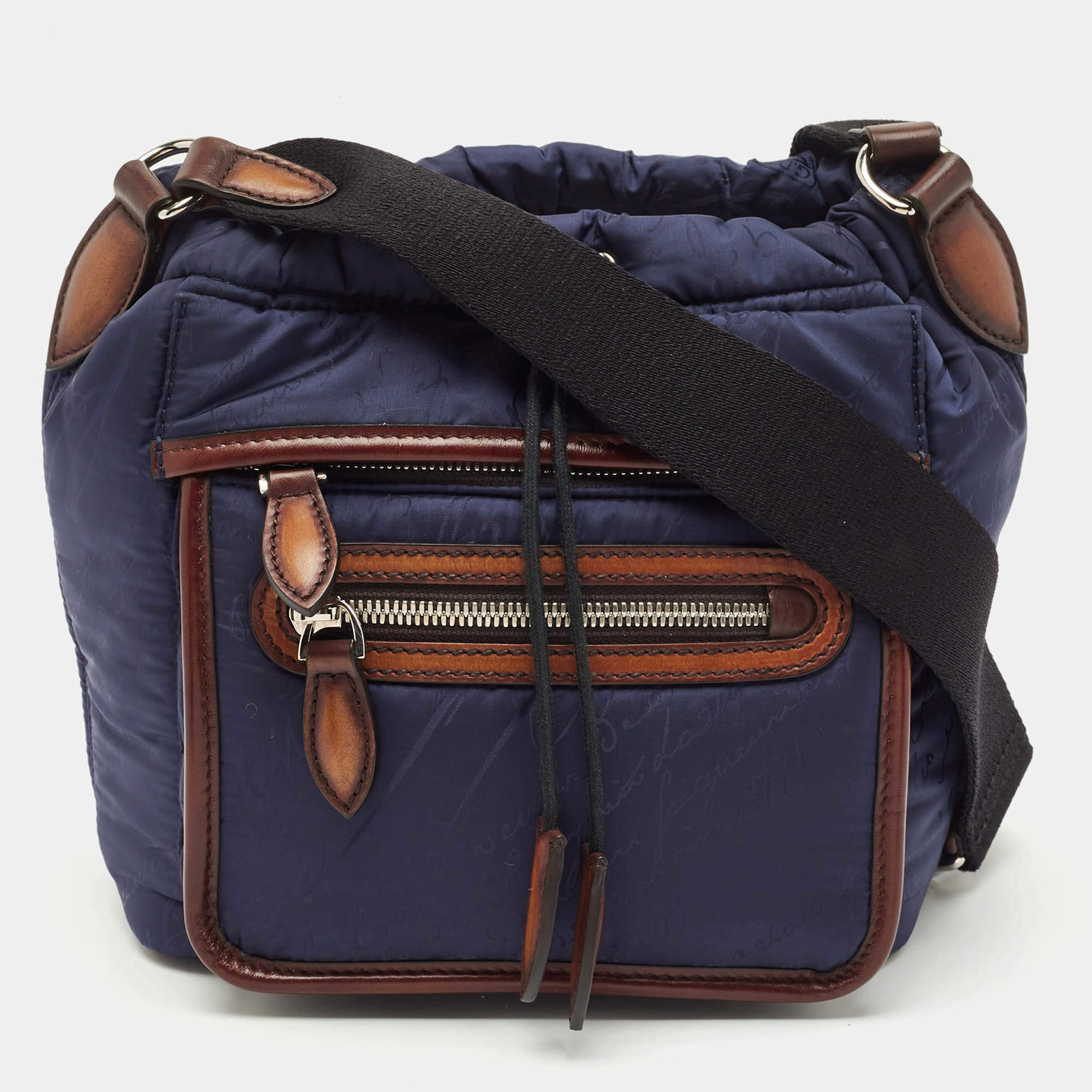 Berluti Navy Blue/Brown Scritto Venezia Nylon and Leather Drawstring Messenger Bag