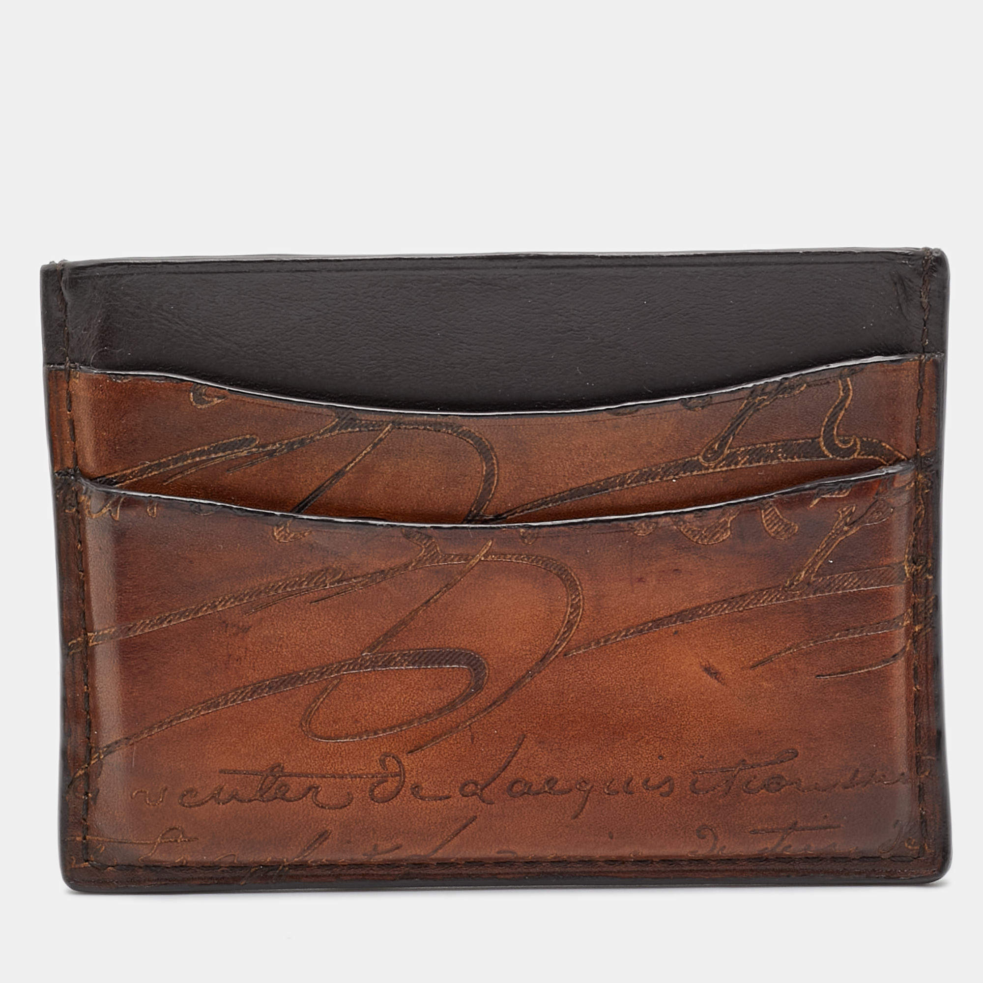 Pre Owned Berluti Brown Leather Bambou Scritto Card Holder