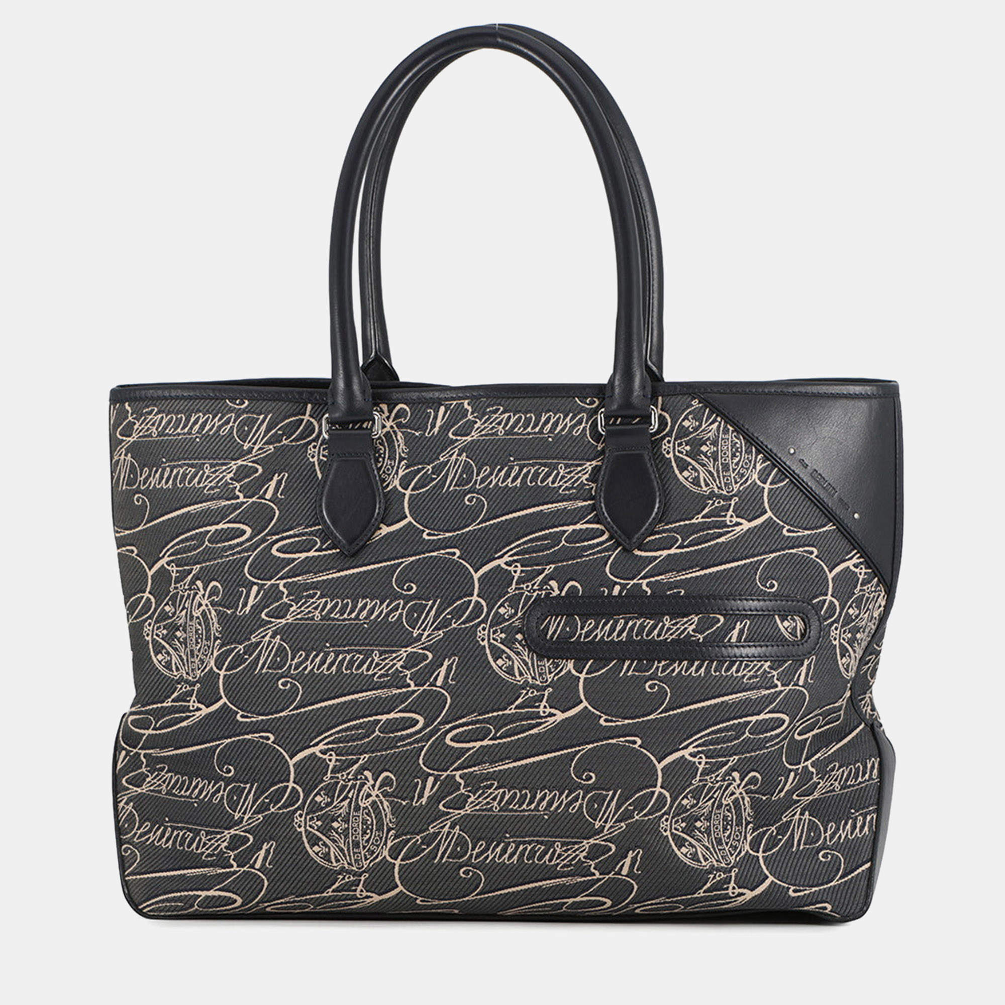 Pre Owned Berluti Calligraphy Tote Bag Green/Navy Leather Canvas