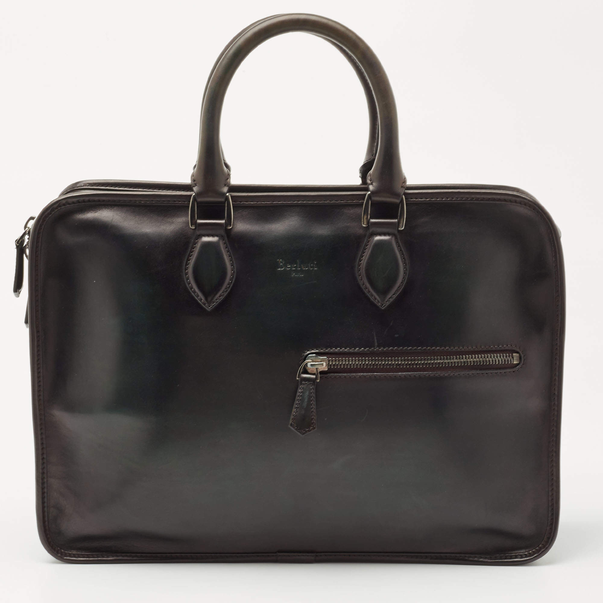 Berluti Dark Green Ombre Leather Un Jour Venezia Briefcase